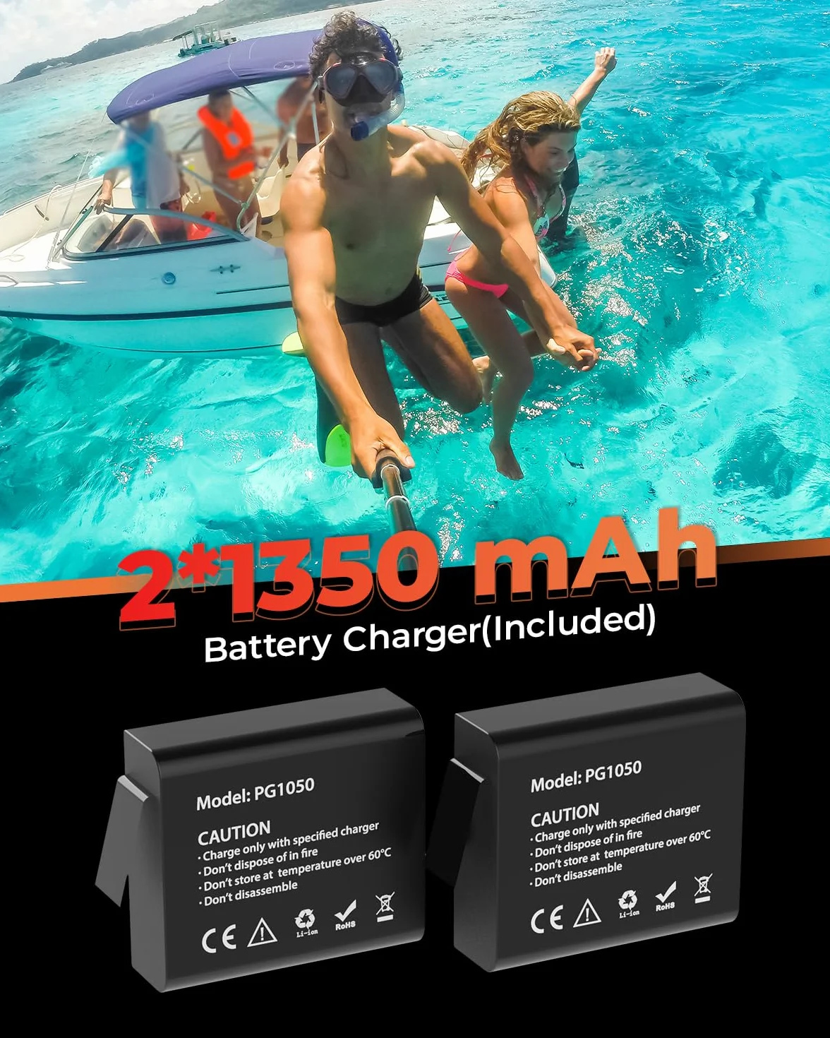 Cámara Deportiva 4K 60FPS con 64GB Tarjeta SD, 131FT Acuática, 24MP HD, 8X Zoom WiFi, 2x1350mAh Baterías