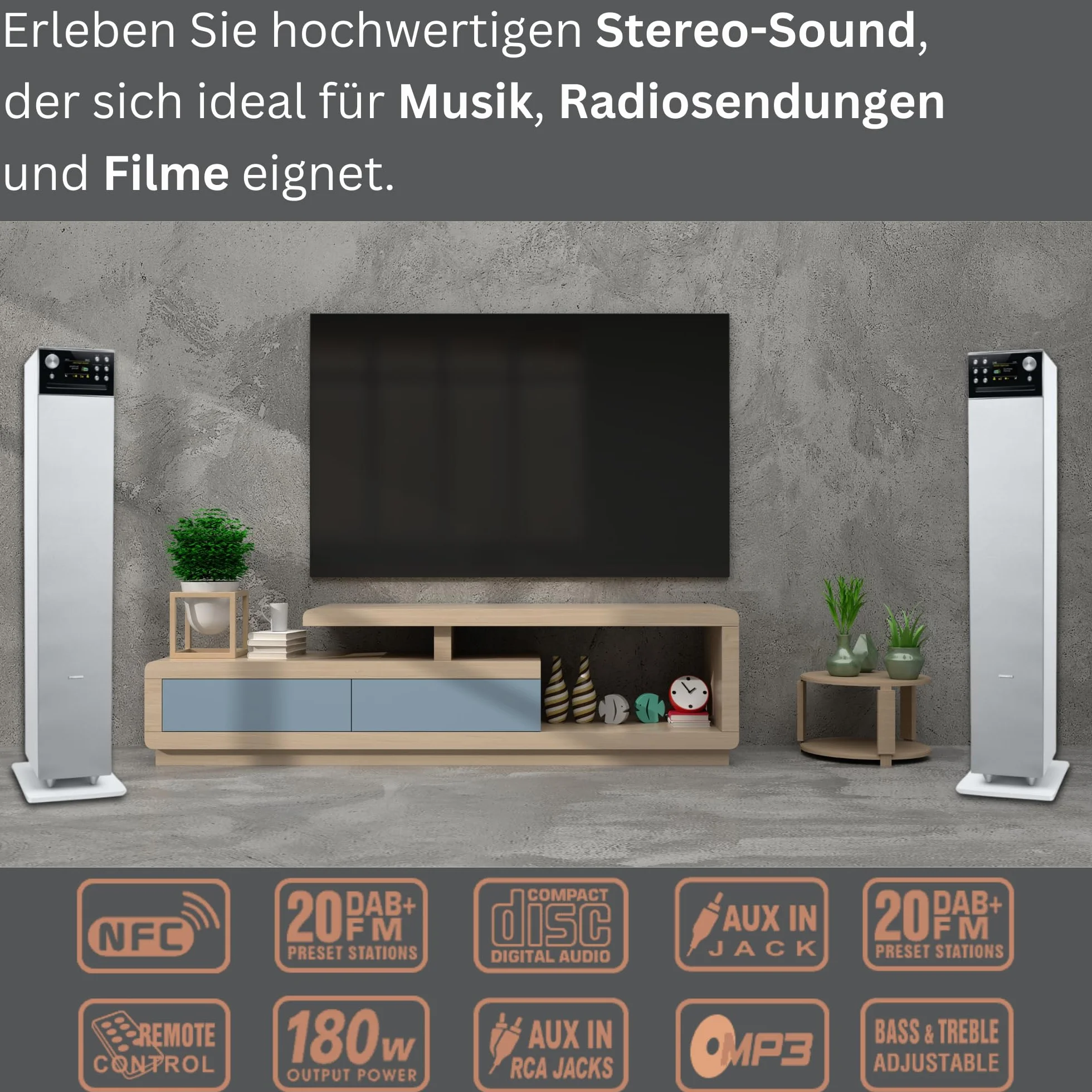 MUSE M-1380 DBTW Altavoz de pie: Bluetooth, Dab+ Radio, Reproductor de CD, USB, NFC Emparejamiento, Pantalla TFT LCD, Carcasa de Madera, 180 W - Blanco