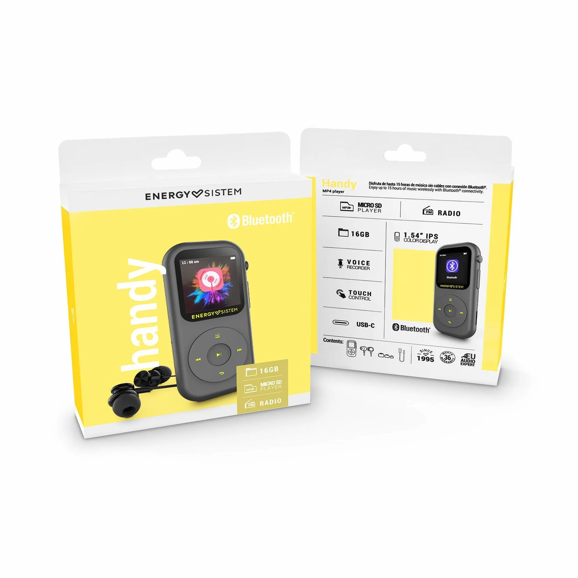 Energy Sistem Handy Reproductor MP4 Bluetooth 16GB Pantalla IPS 1.54" Radio FM MicroSD 128GB Grabadora de Voz MP3