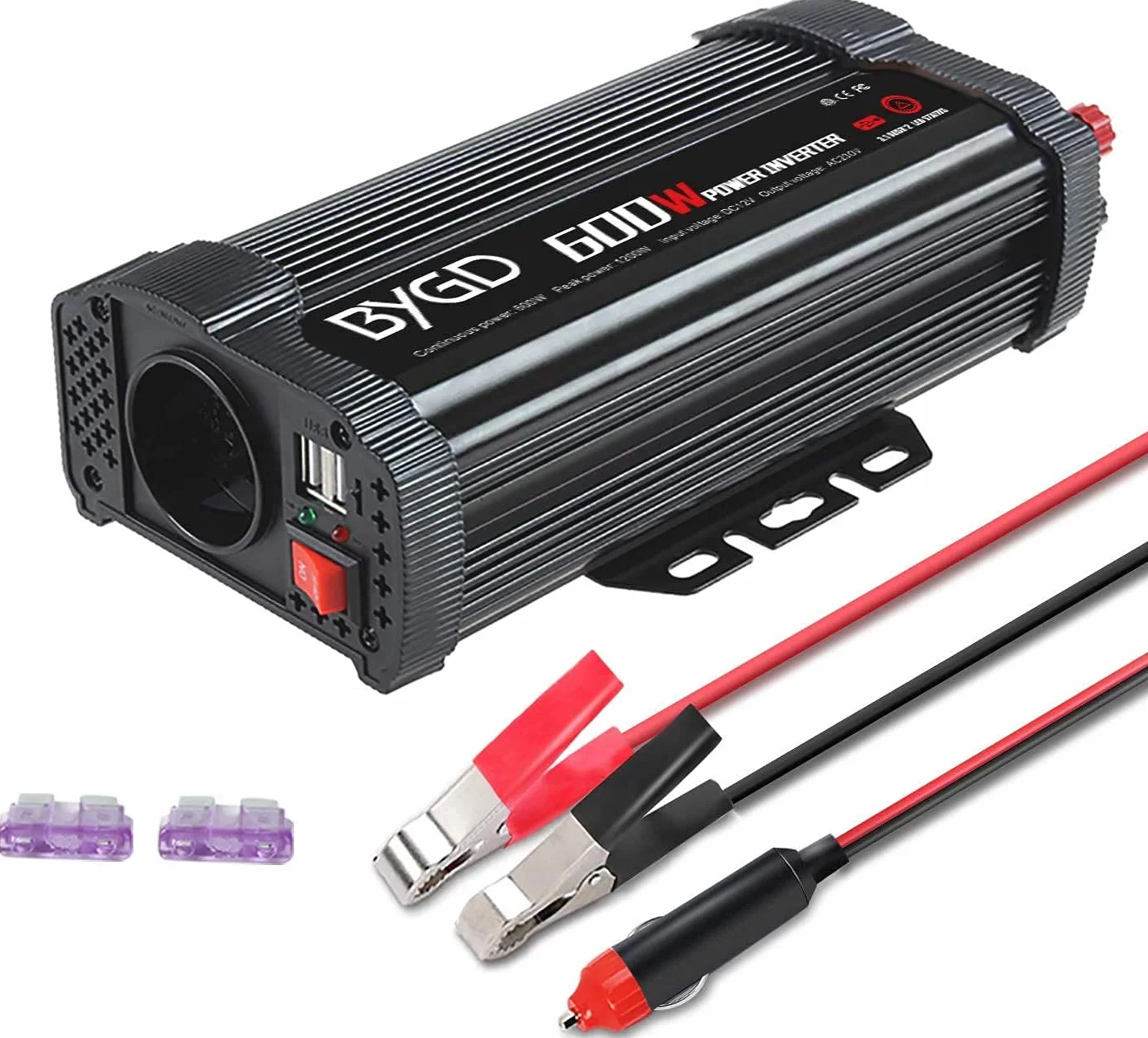 BYGD convertidor 600W/1200W DC 12V a AC 220V 230V inversor de Coche Transformador Toma de Corriente Cargador de mechero con 1 Toma de Corriente española y 2 Puertos USB