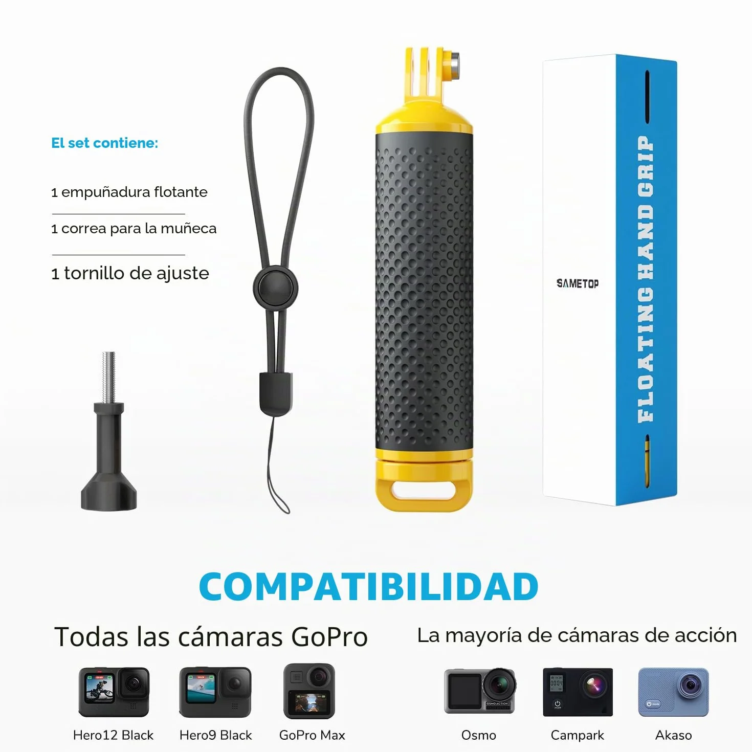 Flotante Mango Handler Empuñadura Flotador Palo Accesorio Compatible con GoPro Hero 13 12 11 10 9 8 7 6 5 Session dji Cámaras de Acción - Amarillo