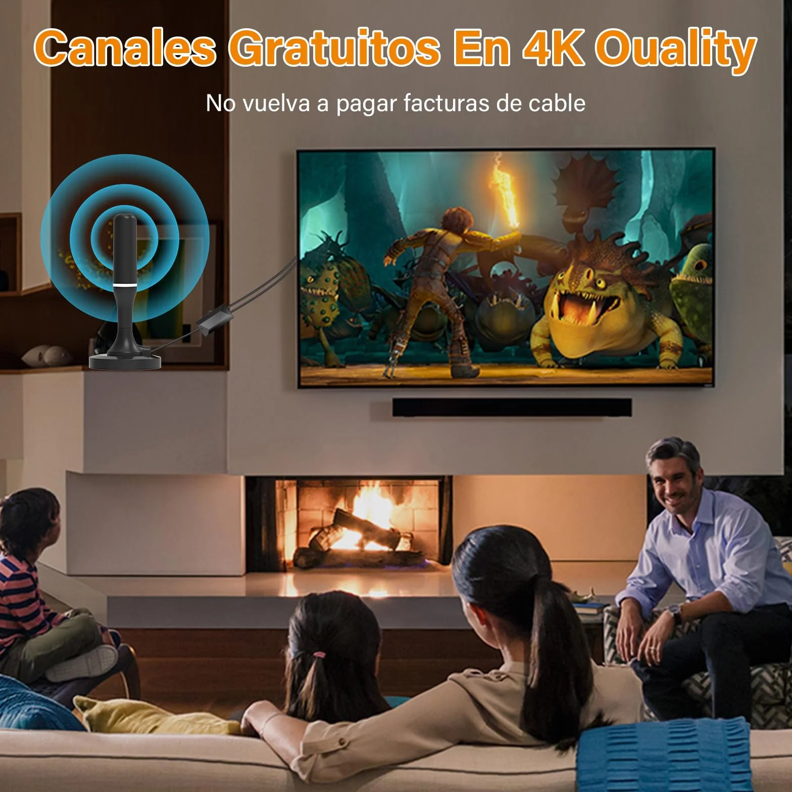 Antena TV Interior Potente HD, Amplificador Ajustable, Recepción 360°, Base Magnética, 4K/1080p VHF/UHF DVB-T/T2