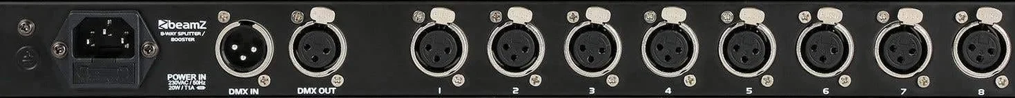 Beamz DMX8 Splitter-Booster de 8 vías. Repartidor de señal DMX con Control DMX-512 (Entrada XLR, 8 Salidas XLR aisladas, recibe y distribuye señales) Formato Rack 19 Pulgadas, Resistencia de 120 Ohms
