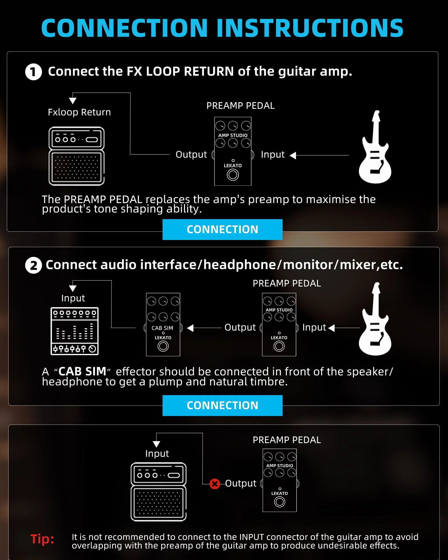 LEKATO Pedal de preamplificador, pedal de efectos de guitarra digital, 9 modelos de preamplificador con ecualizador de 3 bandas para guitarra eléctrica