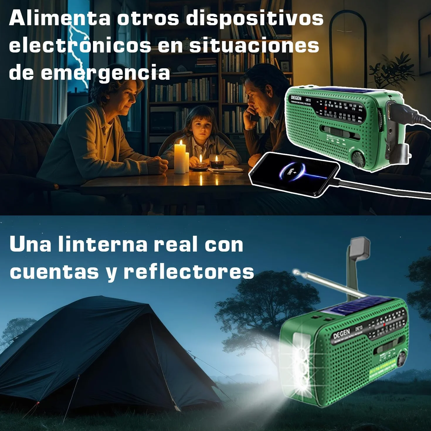 DE13 Radio a Pilas Solar de Emergencia con Manivel, Radio Portátil Pequeña FM Am SW Energía Solar, Manivela de Dinamo Manual Linterna Lámpara de Campamento for Apagón