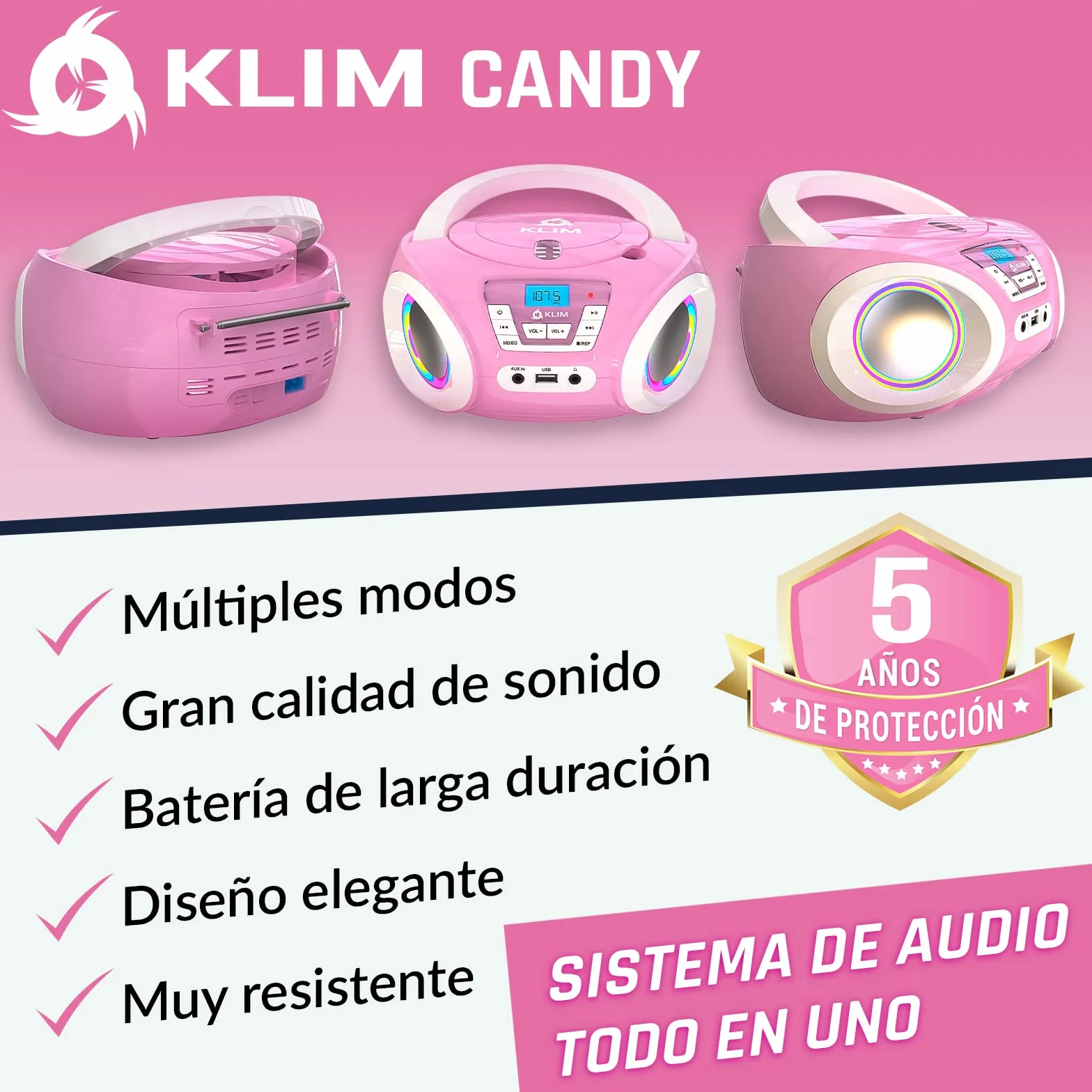 KLIM Candy Reproductor de CD para niños Radio FM Baterías Incluidas USB AUX Rosa