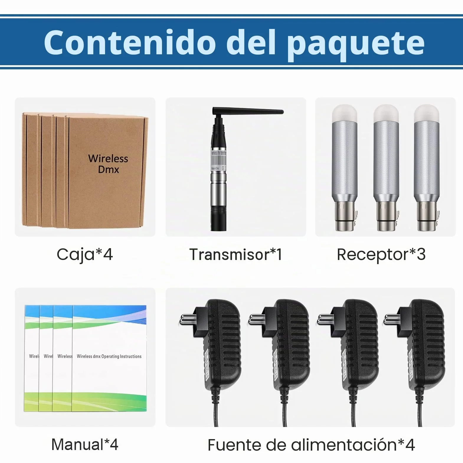 Pack de 1 transmisor inalámbrico DMX512 y 3 unidades recargables DMX512 receptor inalámbrico 2.4G ISM DMX controlador macho y hembra para la iluminación de escenario LED