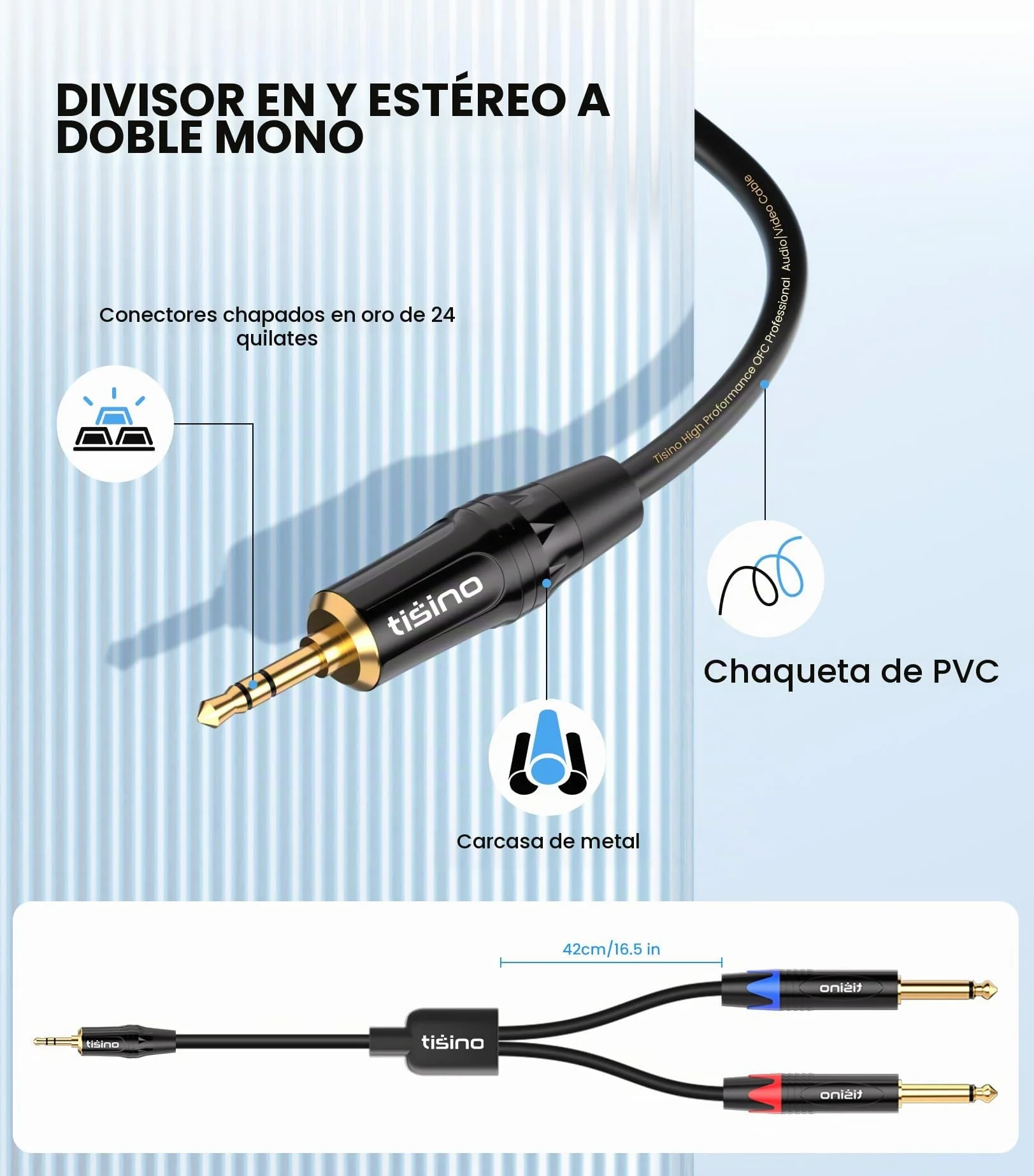 Tisino Cable Mini Jack a Jack Stereo- Cable Audio 3,5 mm a Doble 6,3 mm Mono para Mezclador, Ordenador portátil, Dispositivos de Cine en casa, Amplificadores- 1M