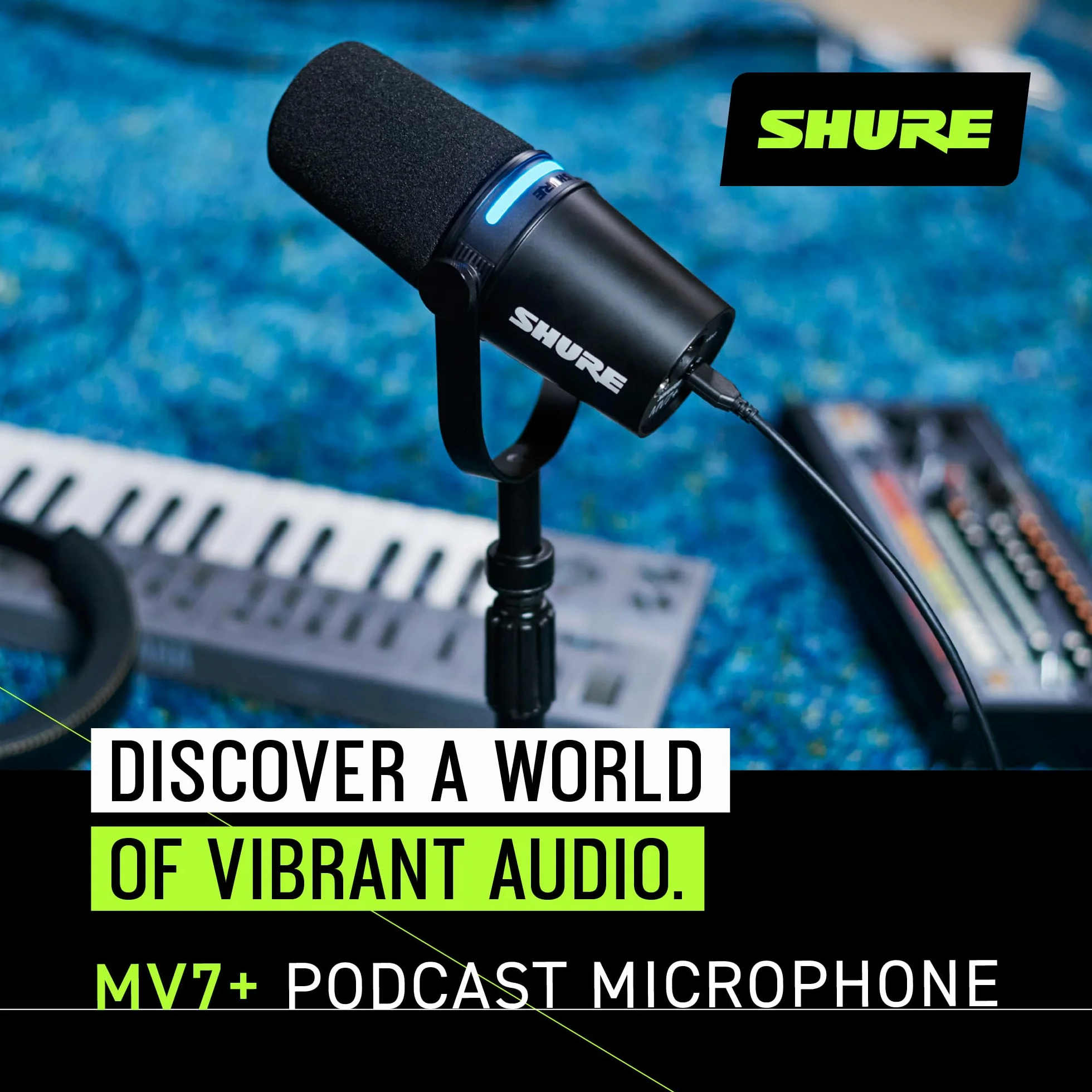 Shure MV7+ Micrófono para Podcast con Soporte de micrófono-Audio Mejorado, Panel táctil LED, Salidas USB-C y XLR, Modo de nivelación automática, Filtro Pop Digital, Efectos de reverberación - Negro