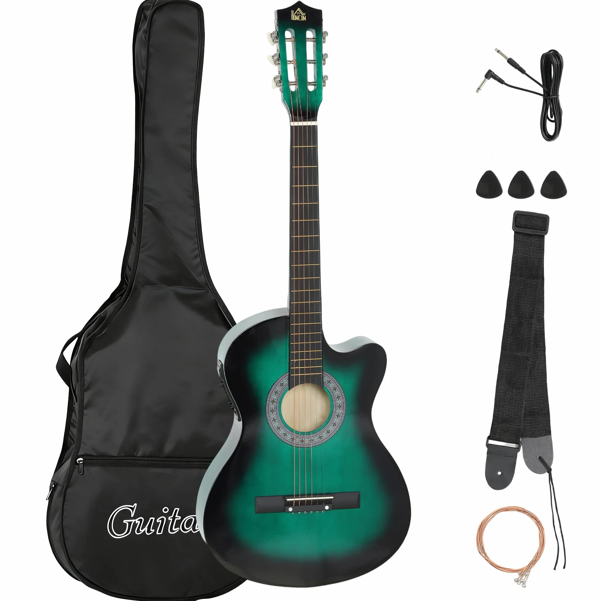 Guitarra acústica eléctrica HOMCOM de 38 pulgadas, guitarra clásica para principiantes y adultos jóvenes, acabado brillante, con estuche de transporte, correa, púas y cuerdas de repuesto - Verde