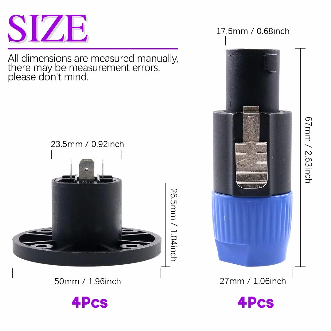 Swpeet Paquete de 8 conectores de altavoz de audio, 4 polos, enchufe de altavoz de bloqueo giratorio compatible con Jack Twist Lock de 4 polos, redondo, perfecto para Neutrik Speakon NL4FC, NL4FX,