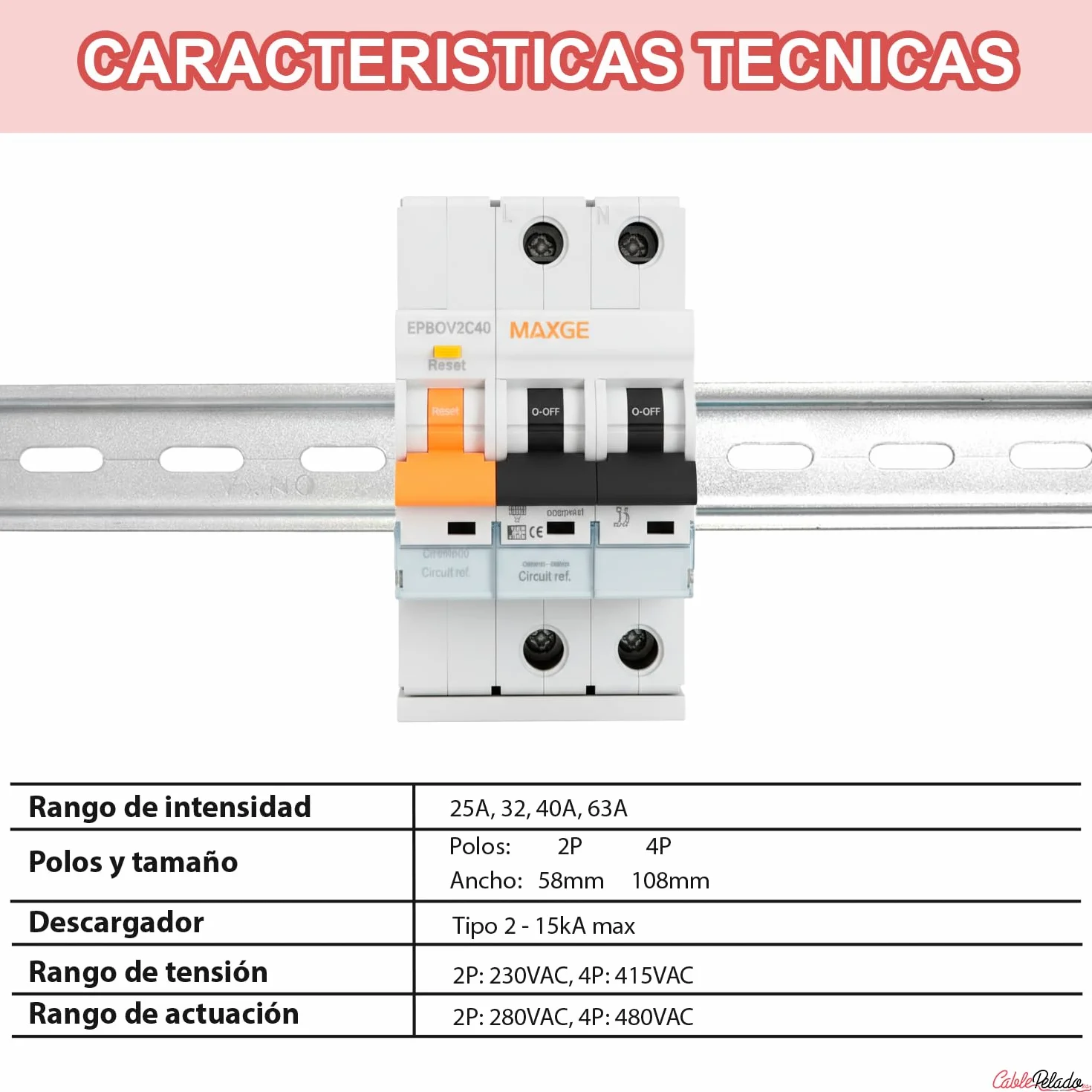 CABLEPELADO Protección combinada sobretensiones IGA permanente + transitoria Clase C | Norma EN50550 | Poder de corte: 1000A | 2P | 32 A