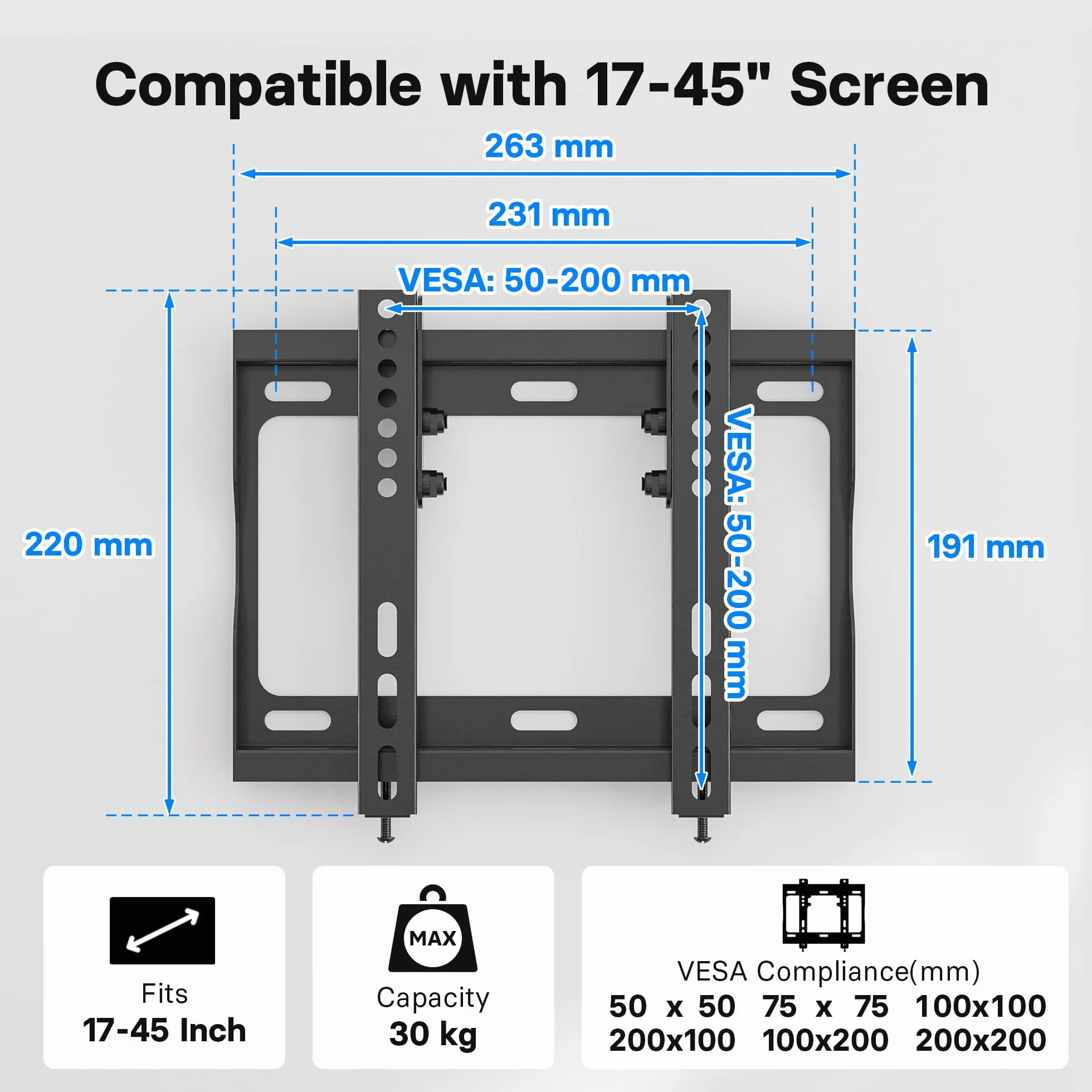 BONTEC Soporte TV Pared Inclinable Ultrafino para 17-45 Pulgadas LED/LCD/OLED Plasma, Máx 30 kg, VESA 200x200mm
