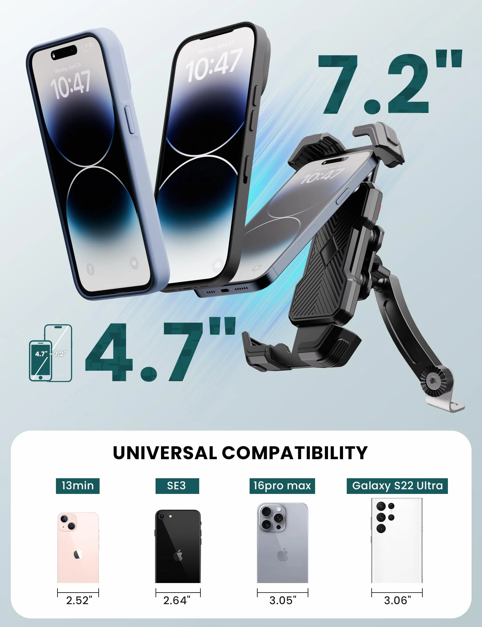 Soporte Universal para teléfono de Motocicleta, Doble amortiguación de vibración, rotación 360°, para Smartphone 4.5-7.2 Pulgadas (Negro)