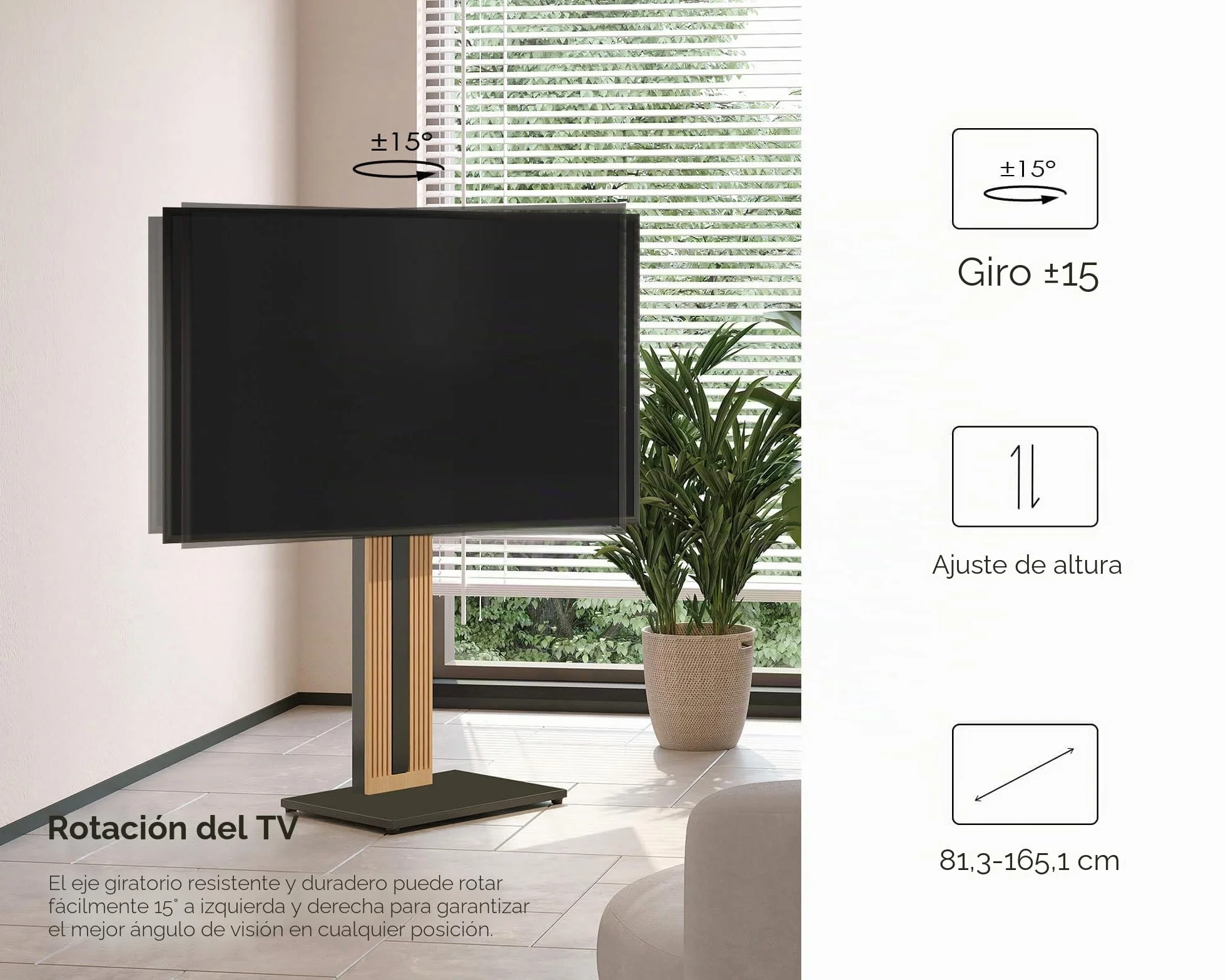 FITUEYES Soporte TV Pie de 32-65 Pulgadas Soporte TV Suelo de Madera de Haya Pie Altura Ajustable y Giro