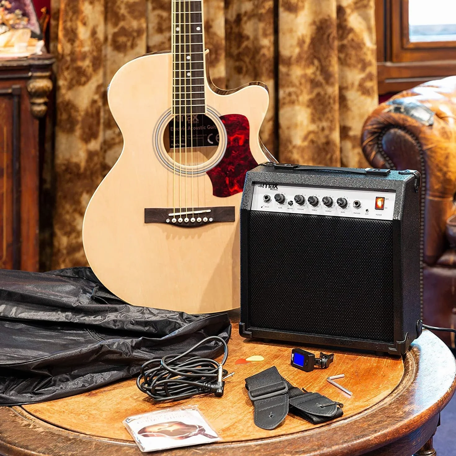 MAX Showkit Guitarra Electroacústica Madera Clara con Cuerdas de Acero de Repuesto, Amplificador, Funda, Afinador, Correa y 2 Púas – Pack Completo Ideal para Principiantes, Ensayos o Regalo