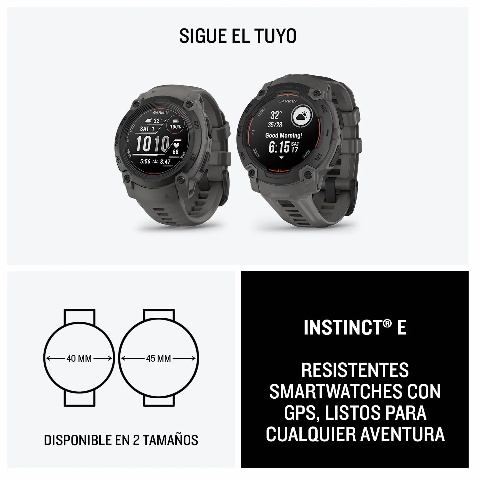 Garmin Instinct E, Reloj Inteligente con GPS, 40 mm, Resistente al Agua, Aplicaciones Deportivas integradas, Monitorización de la Salud, Notificaciones Inteligentes, Negro
