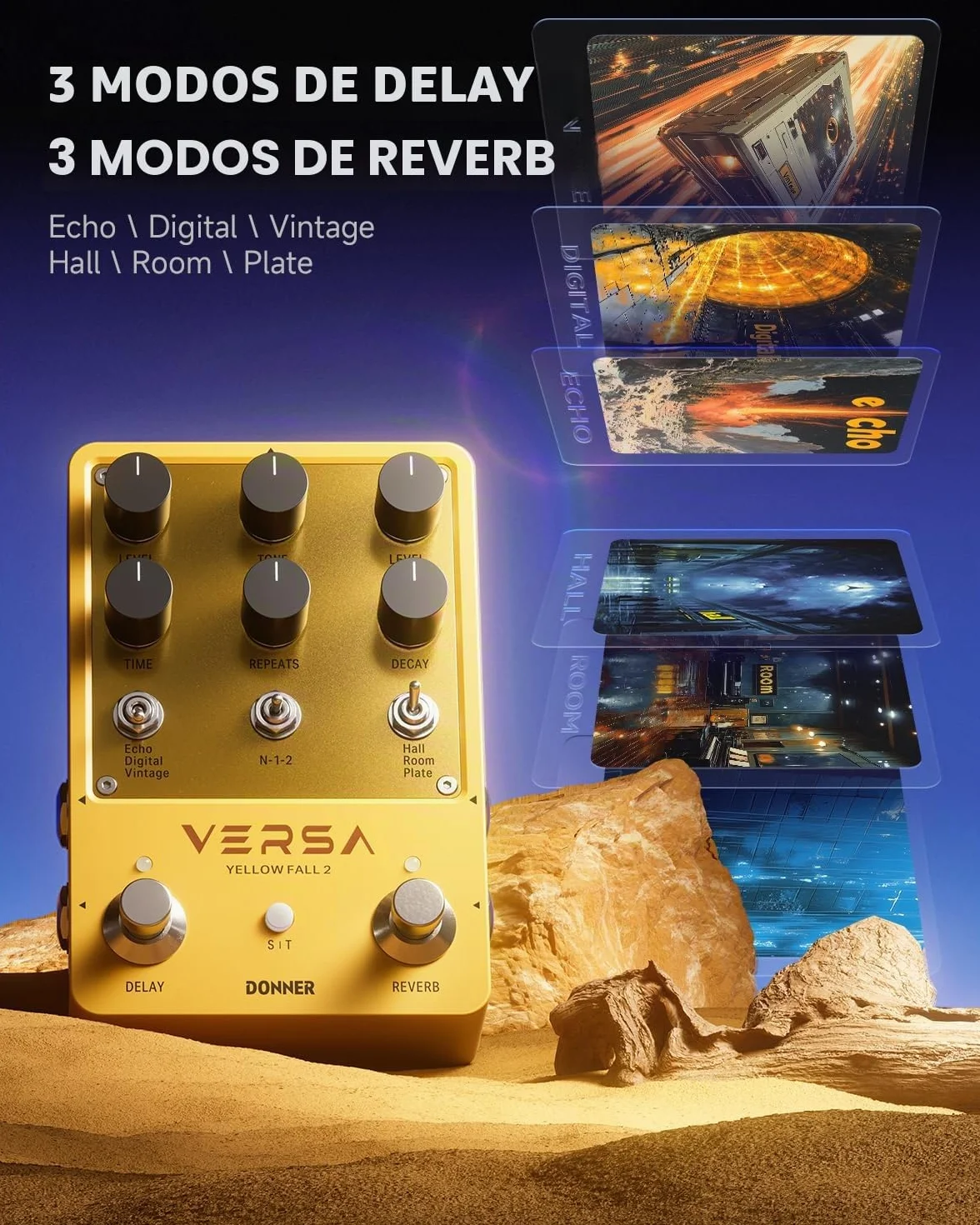 Donner Guitar Reverb & Delay Pedal - 2 in 1 with Tap Tempo, Preset Saving, Stereo in/out, Digital 3 x 3 Multi-Mode Effects Electric Guitar Pedal, True Bypass (Yellow Fall II)