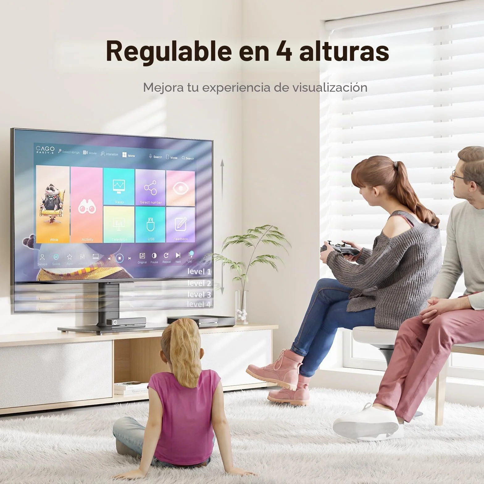 HEMUDU Soporte TV Pie Universal, Pequeño Soporte TV Mesa de 13-32 Pulgadas, Television Pie con Giro de 100°, Altura Ajustable en 4 Niveles, hasta 35 kg, Máx. VESA 100x100 mm HT07B-001P