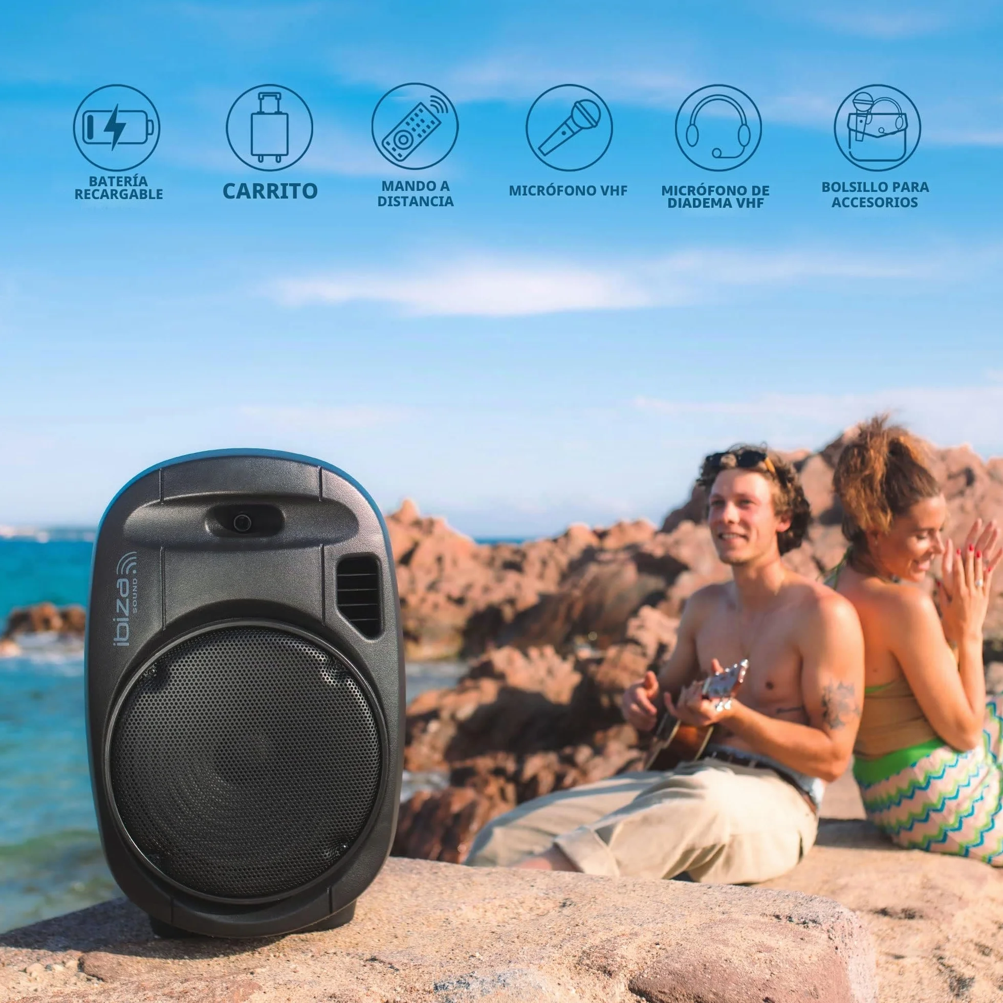 Ibiza - PORT15VHF-MKII-TWS - Altavoz portátil 15"/800W MAX con 2 micrófonos (VHF), Mando a Distancia y Funda Protectora - Bluetooth, USB, SD & TWS - 6 a 8h de autonomía