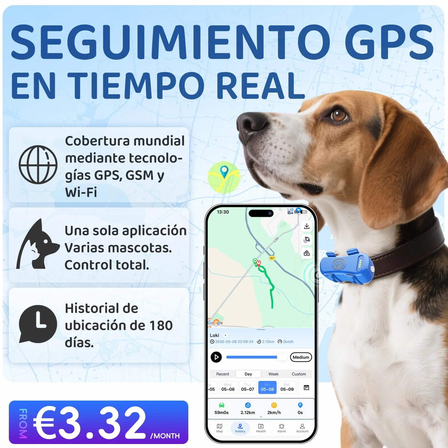 Collar GPS Perros Seguimiento satelital en Vivo 4G, múltiples alertas Inteligentes, Monitor de Actividad Totalmente Impermeable para Perros y Gatos, Alcance Ilimitado,Se Requiere suscripción