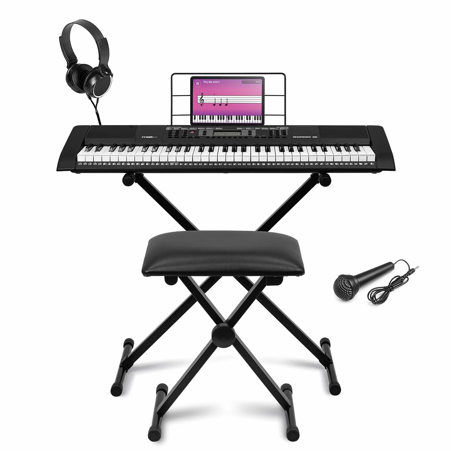MAX Rhapsody61L - Pack Midi Teclado electrónico, 61 teclas luminosas, con auriculares, soporte de teclado y taburete, pantalla LCD, 40 canciones de demo, función de aprendizaje, 300 tipos de sonido