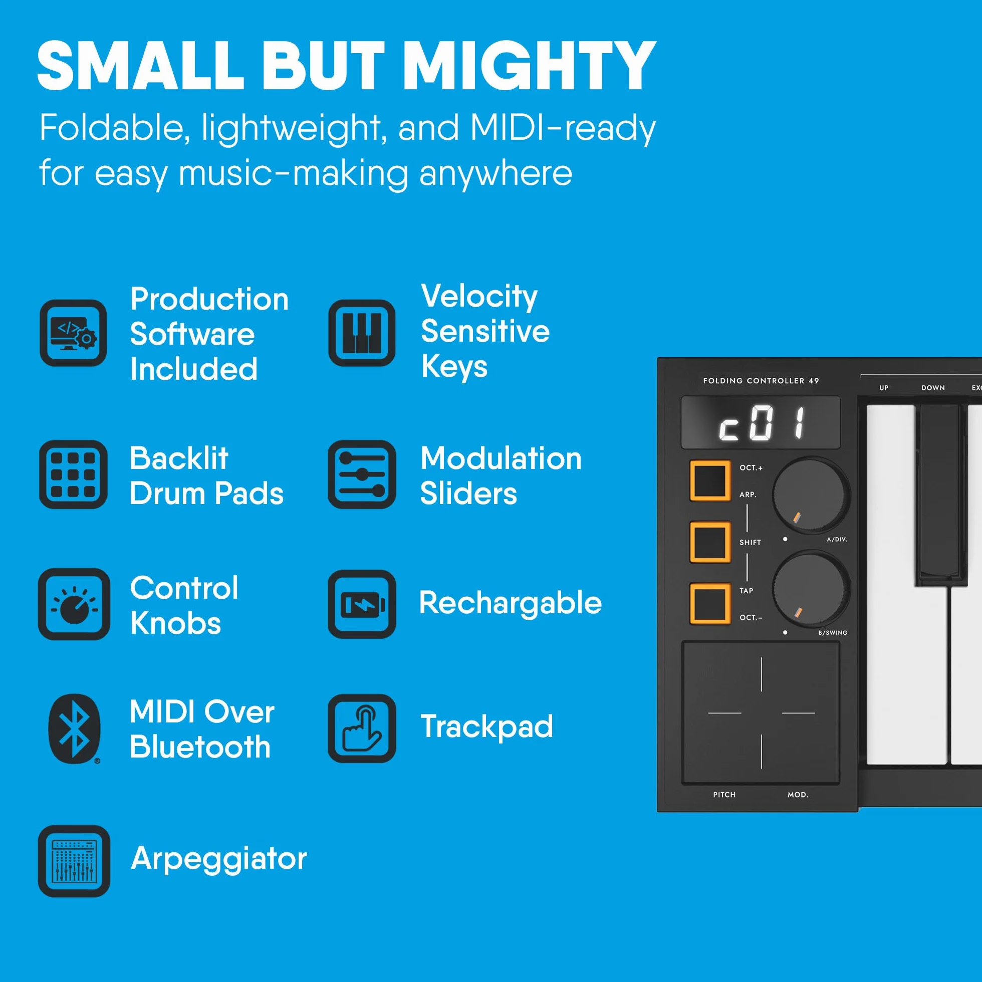 Carry-on FC-49 Teclado Controlador USB Midi/Midi Over Bluetooth Construido con Arpegiador, Pad X/Y, Incluye Cubase LE OEM y Cubase LE OEM IOS DAW Music Software