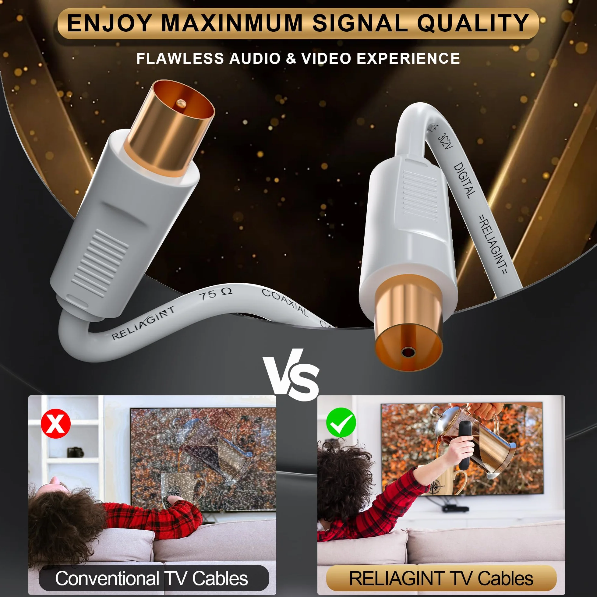 RL Flex Cable antena TV coaxial 2m, prolongador macho/hembra 75 Ohm, conductor de cobre puro, para TDT, TV por cable y satélite (DVB-T/T2/C/S/S2), Blanco