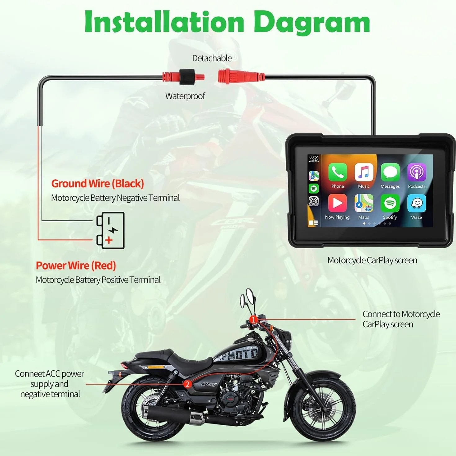 Carplay de Motocicleta y Android Auto, Euakee Carplay con Pantalla Táctil Impermeable de 5 Pulgadas, Sistema de Navegación GPS Inalámbrico Portátil para Motocicleta, Soportes de Montaje Incluidos