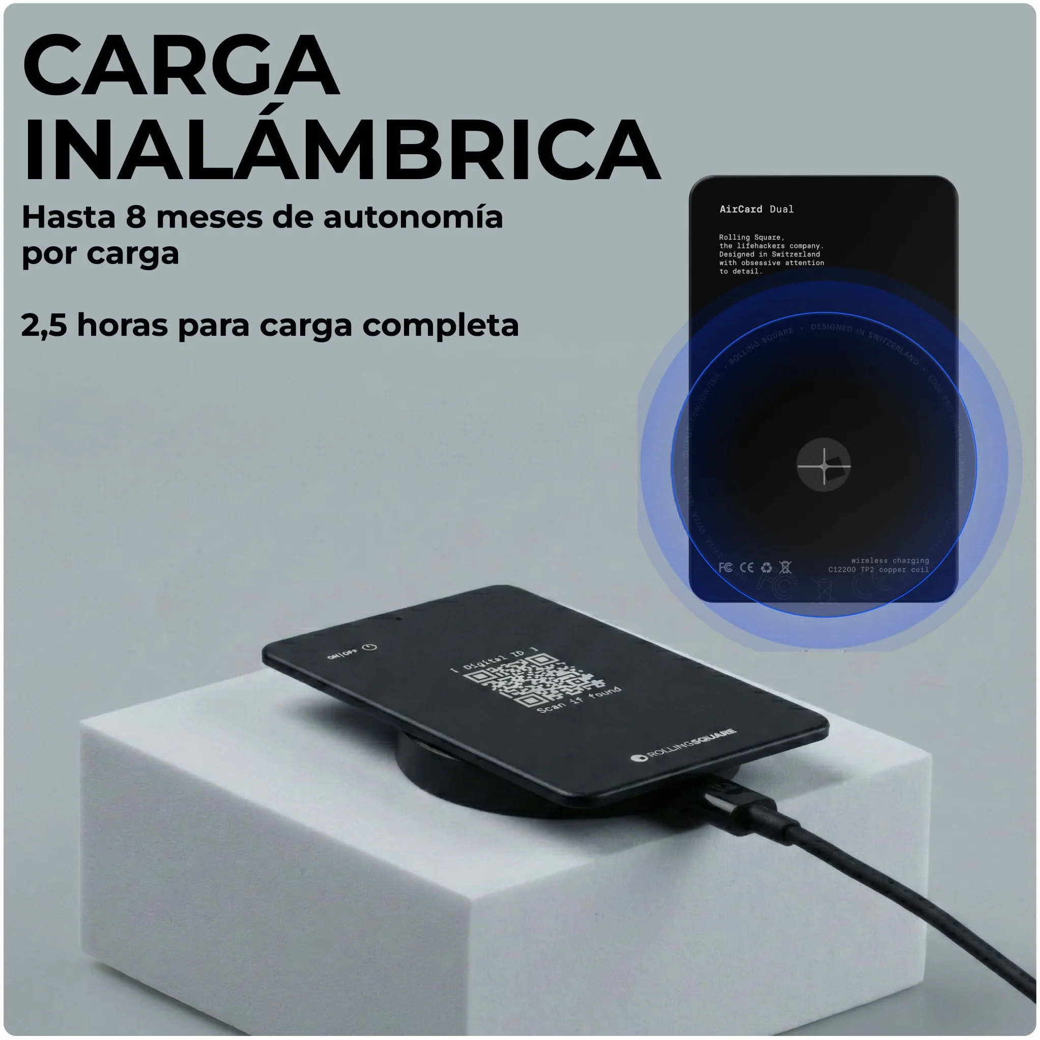 Rolling Square AirCard Dual - Tag Localizador Android y Apple Compatible con Apple iOS Find My y Google Android Find Hub, Carga Inalámbrica Tarjeta Antiextravío, Smart Tag Buscador de Cartera, Negro