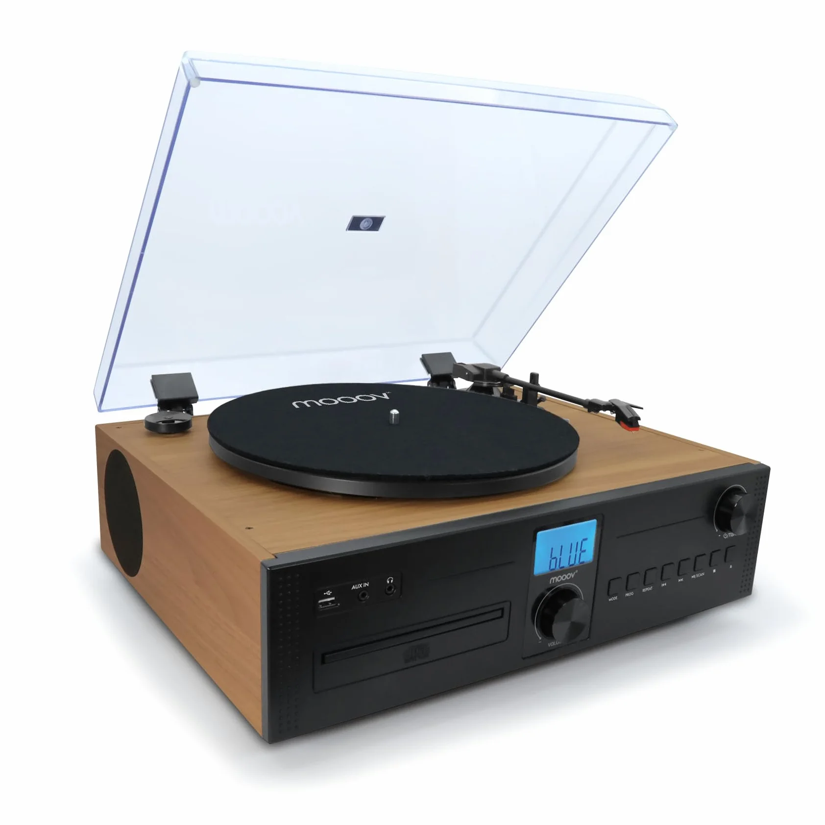 Mooov Microcadena HiFi Estéreo 50W con Tocadiscos, Reproductor CD, Bluetooth, Radio FM, USB, AUX-IN, RCA, Mando a Distancia