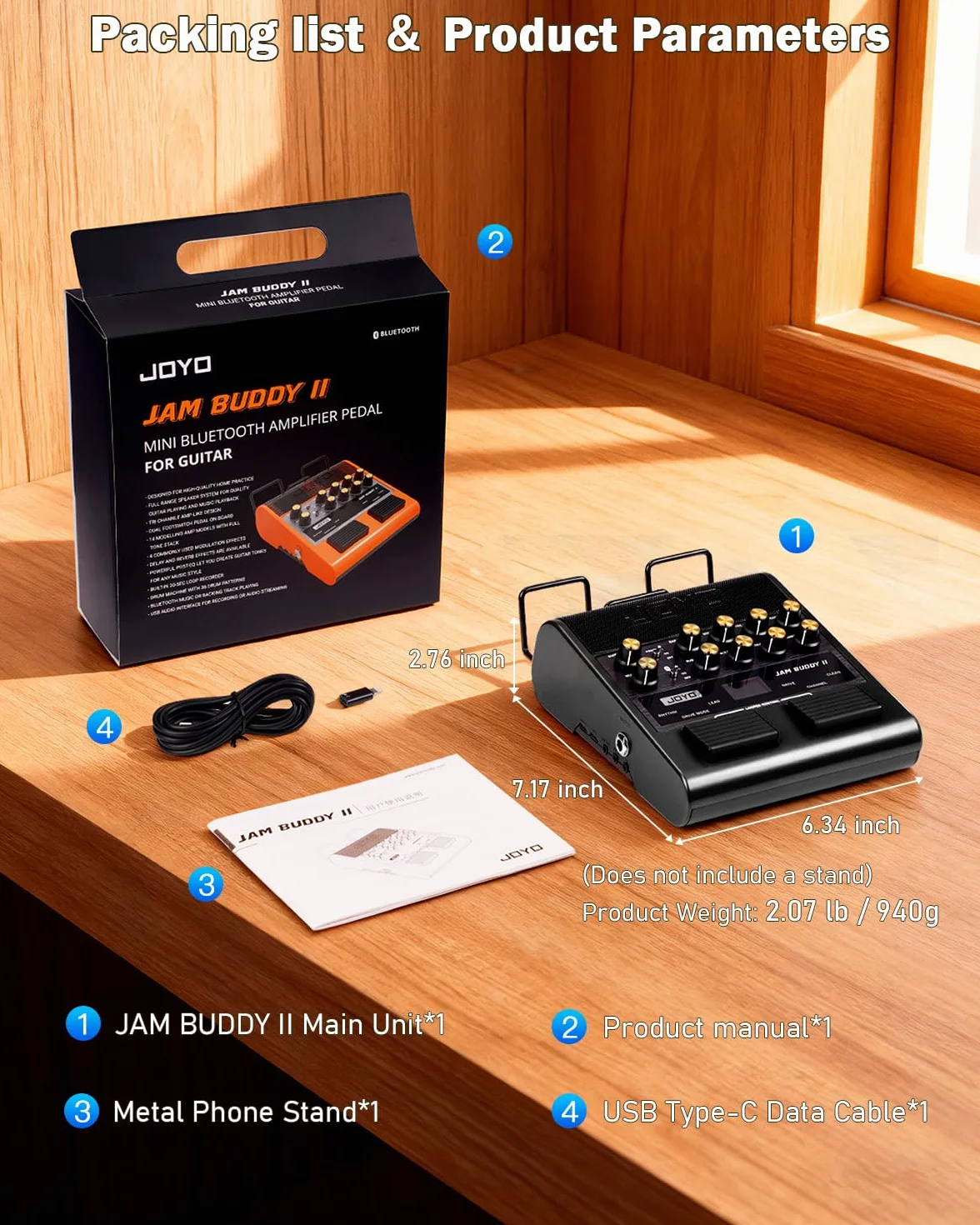 JOYO Amplificador Combo de Guitarra, 10 W, portátil, con pedal de efectos múltiple – 14 modelos de amplificación, ecualizador de 3 bandas, 36 ritmos y looper, grabación OTG, Bluetooth (Jam Buddy II