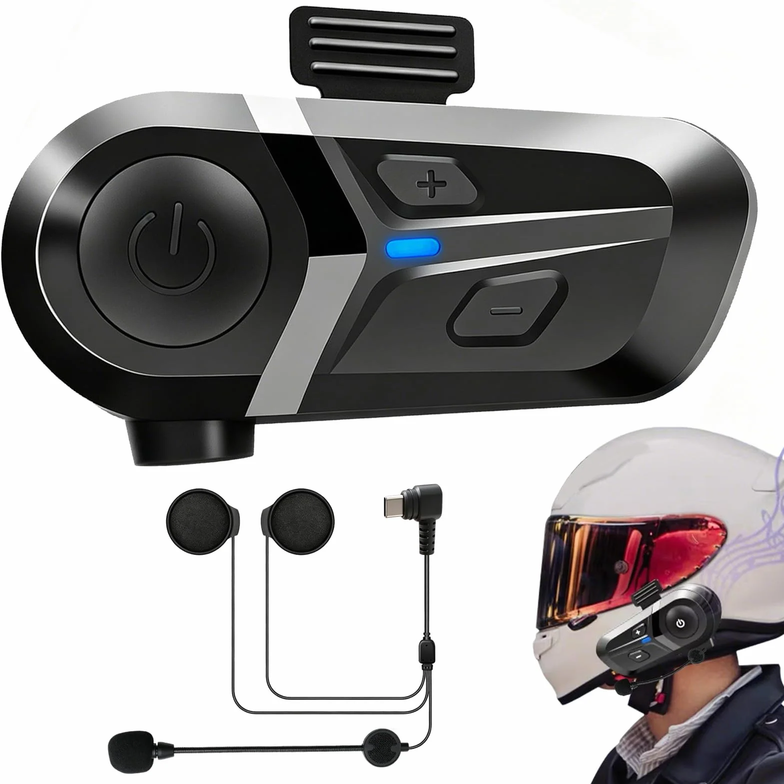 Auriculares Casco Moto Bluetooth 5.3 con Cancelación de Ruido, Intercomunicador Casco Moto Impermeable IP67, Manos Libres Moto con Asistente de Voz y Altavoces HiFi 40mm para Música y GPS