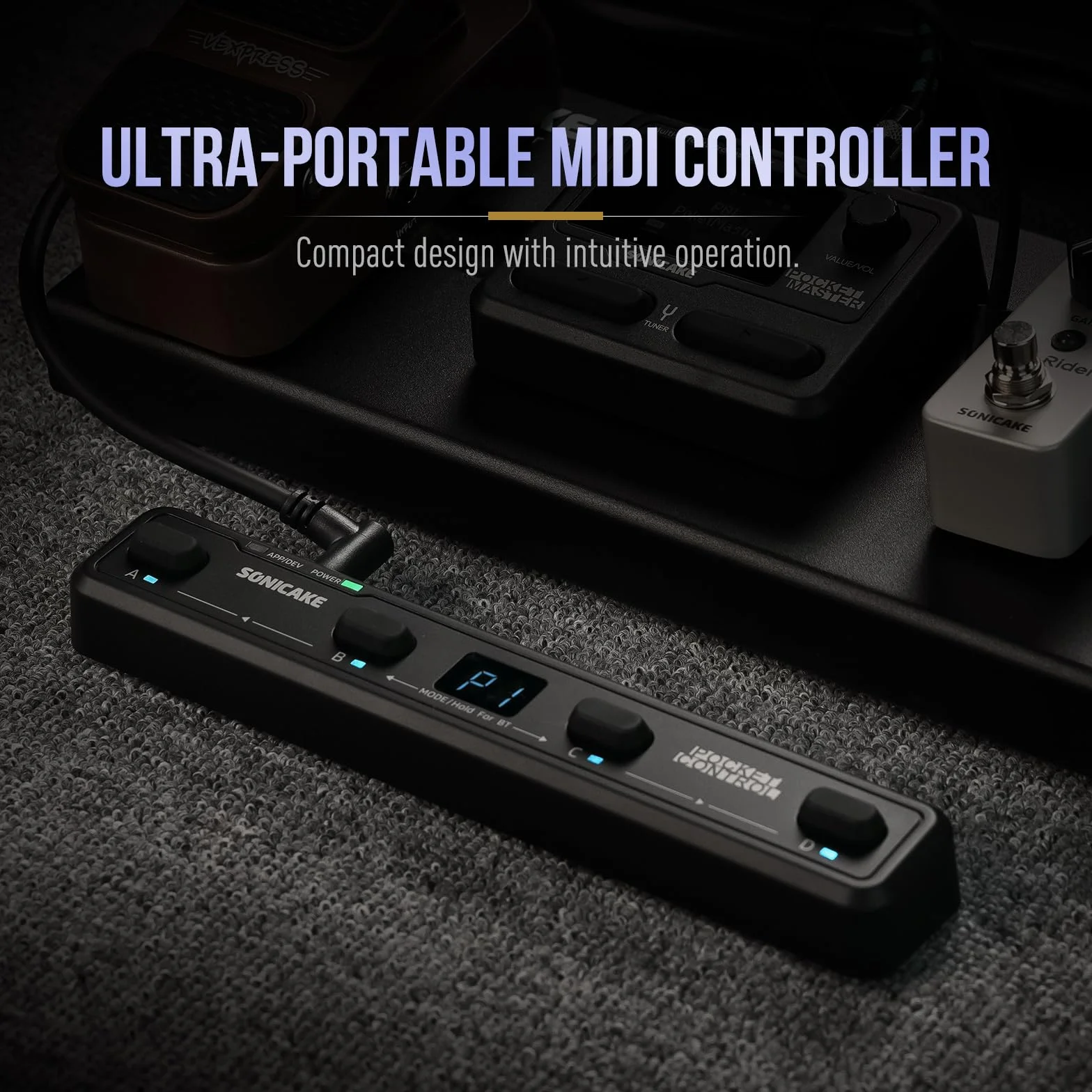 SONICAKE Controlador MIDI Inalámbrico Pedal de Efectos con 4 Botones y App BT Pocket Control (Negro)