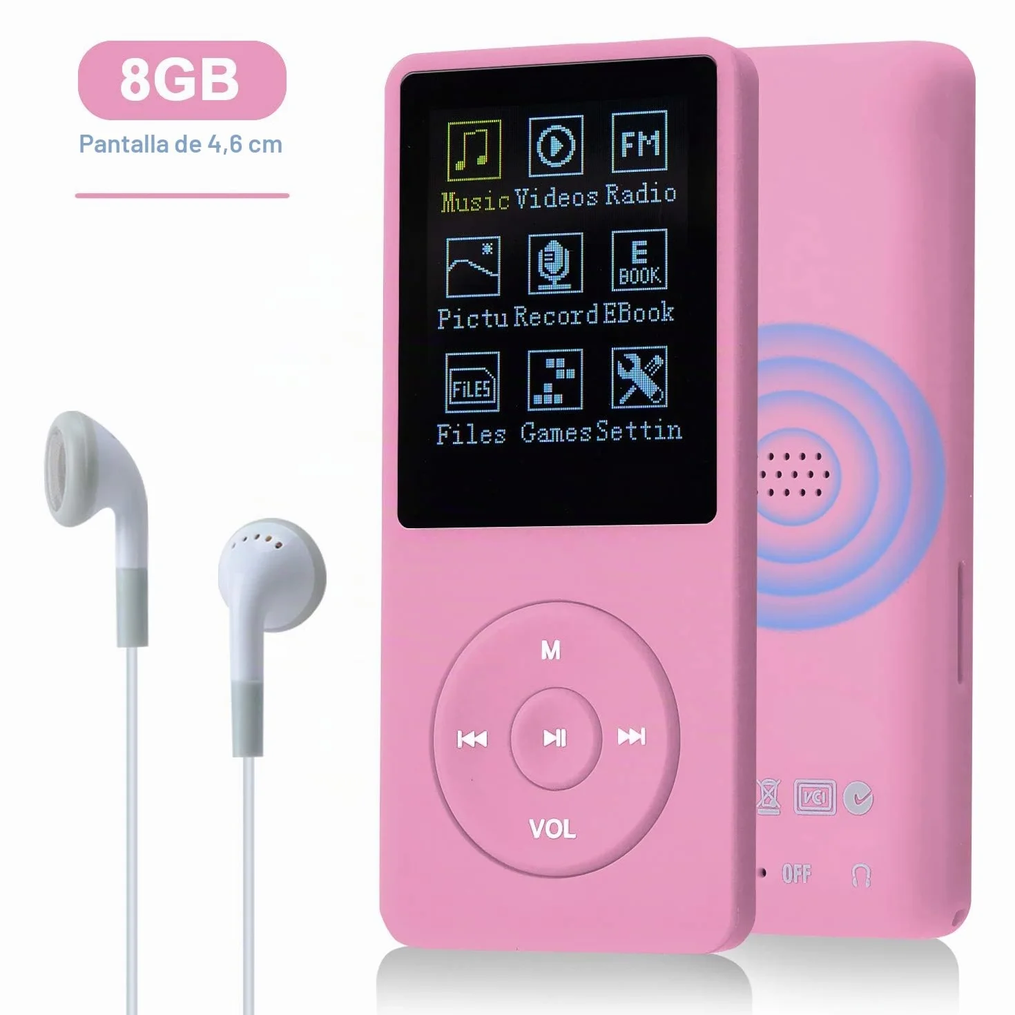 Reproductor MP3 Portátil 8GB con Ranura SD, Música Sin Pérdida, Radio, Grabación, Rosa