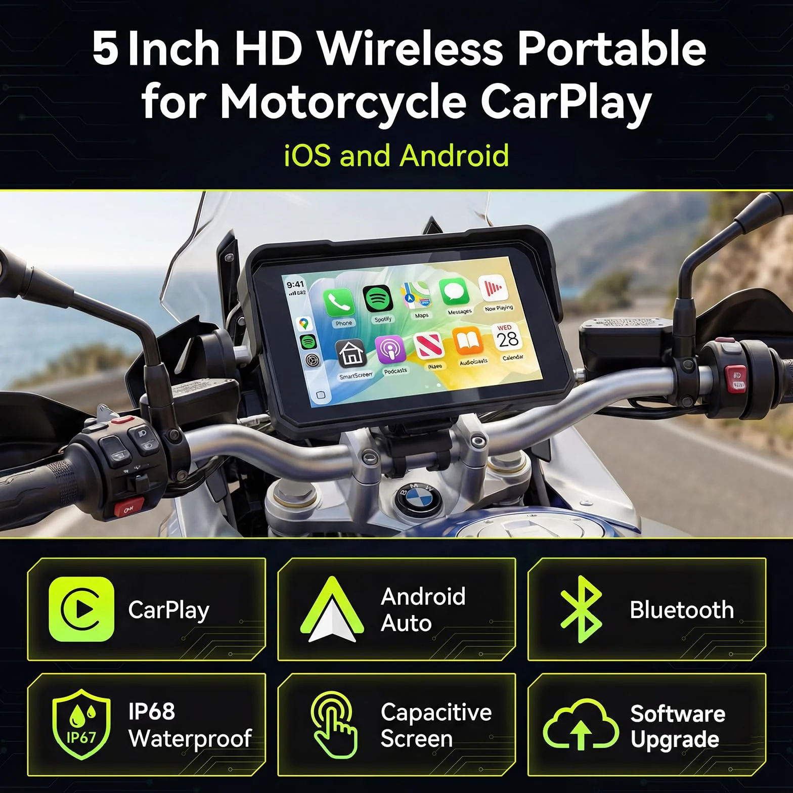 Rimoody Navegador Moto 5 Pulgadas con CarPlay y Android Auto Inalámbrico - GPS para Moto Impermeable IP68, Pantalla Táctil 5'', Montaje Universal, Detección de Presión de Neumáticos 12 V