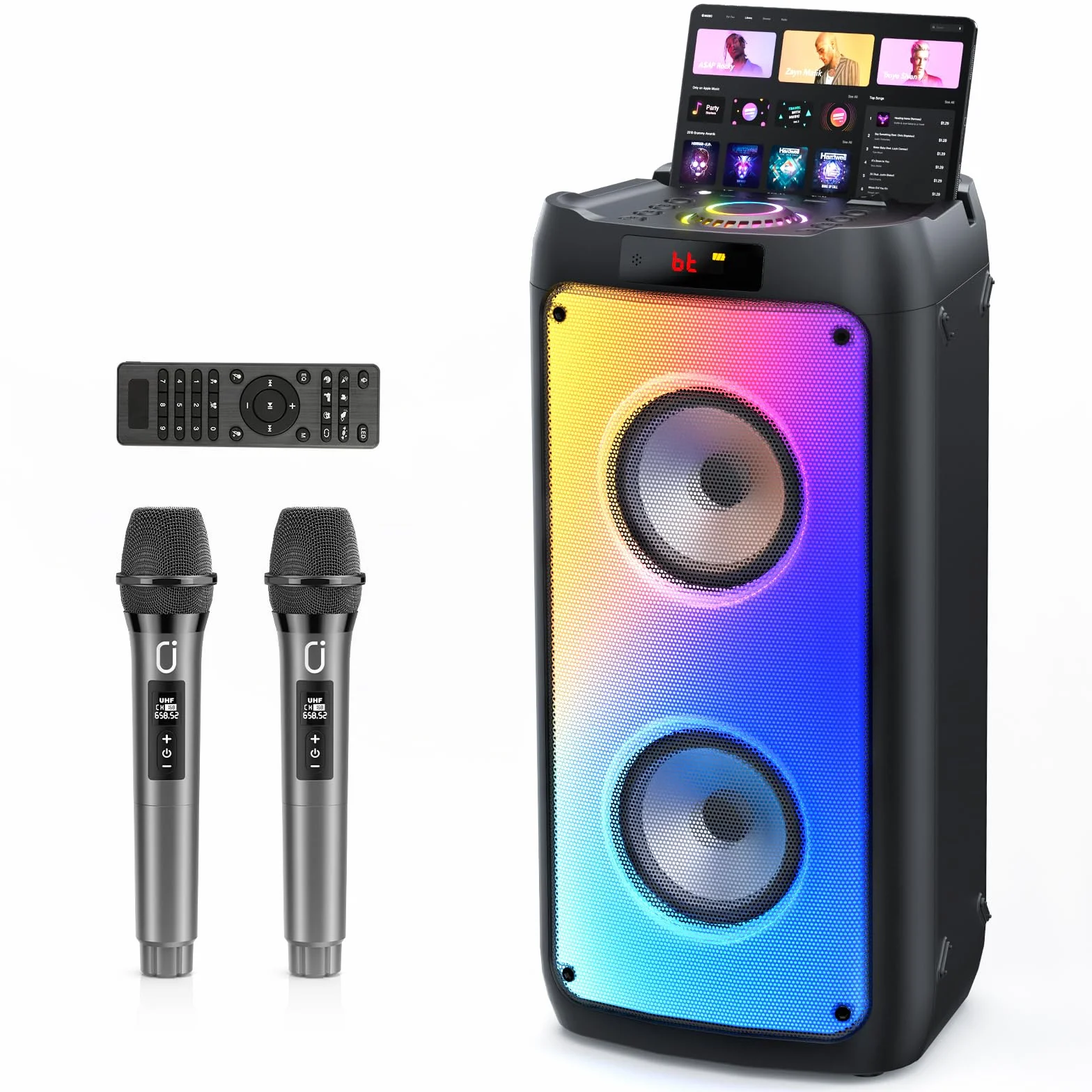 JYX Karaoke con 2 Microfonos inalambricos, Portátil Altavoz Karaoke con 2 Microfono UHF, Karaoke Profesional Grande Altavoz Bluetooth Potente Soporte USB,SD, MP3, FM, AUX,Mando a Distancia