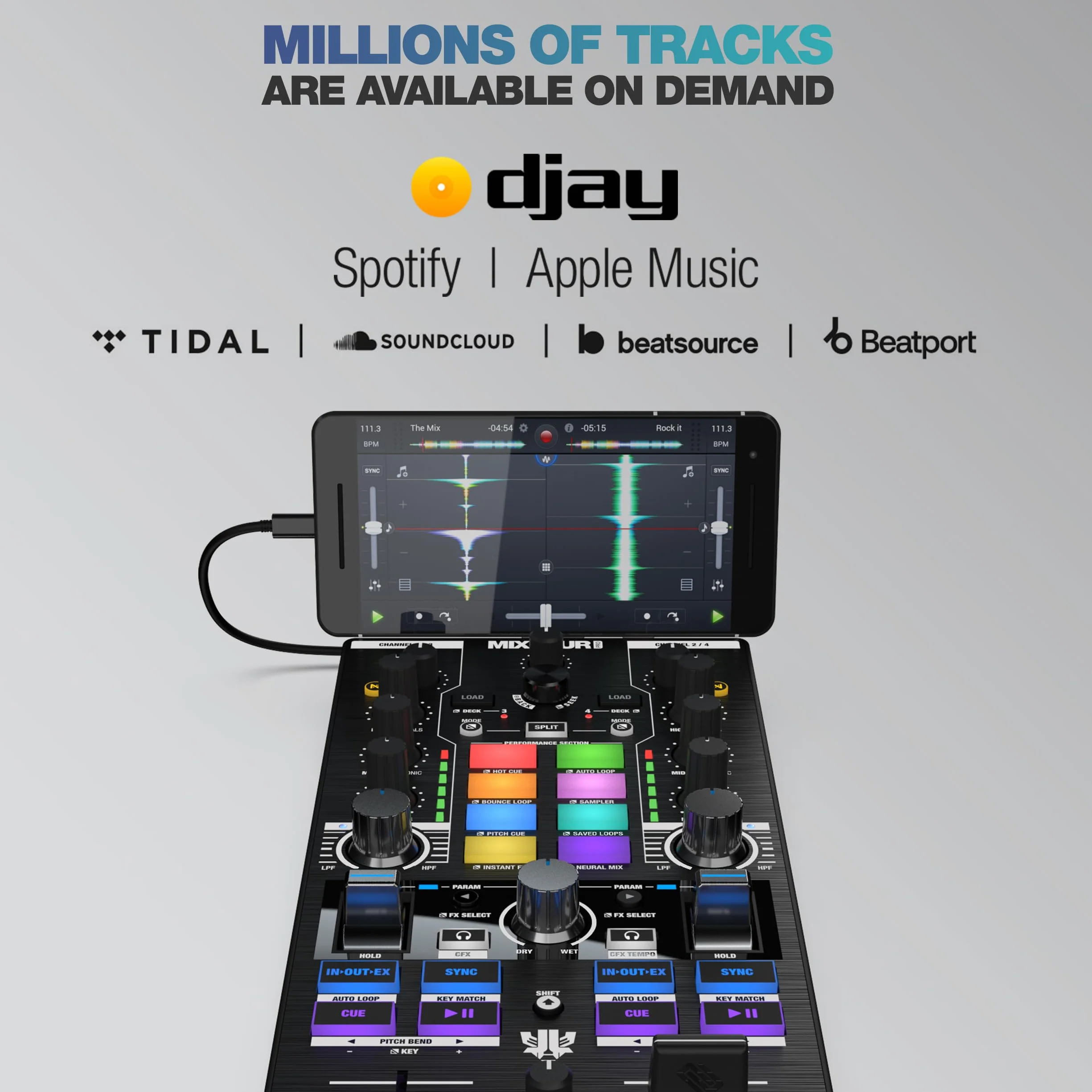 Reloop Mixtour Pro - Controlador de DJ ultraportátil todo en uno de 4 decks para Algoriddim djay Pro