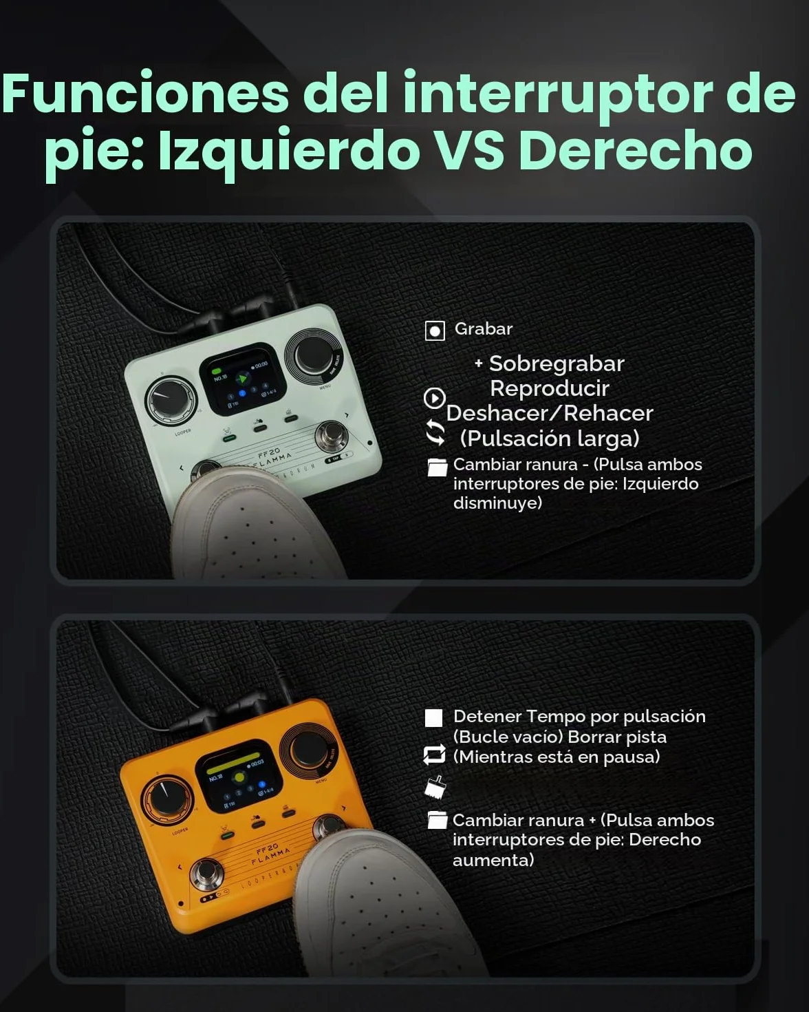 FLAMMA FF20 Looper Pedal Drum Machine, pedal de guitarra con pantalla, grabación de 300 minutos, 220 ranuras de tambor, 100 ranuras de bucle, estiramiento de tiempo, grabación automática, USB y salida