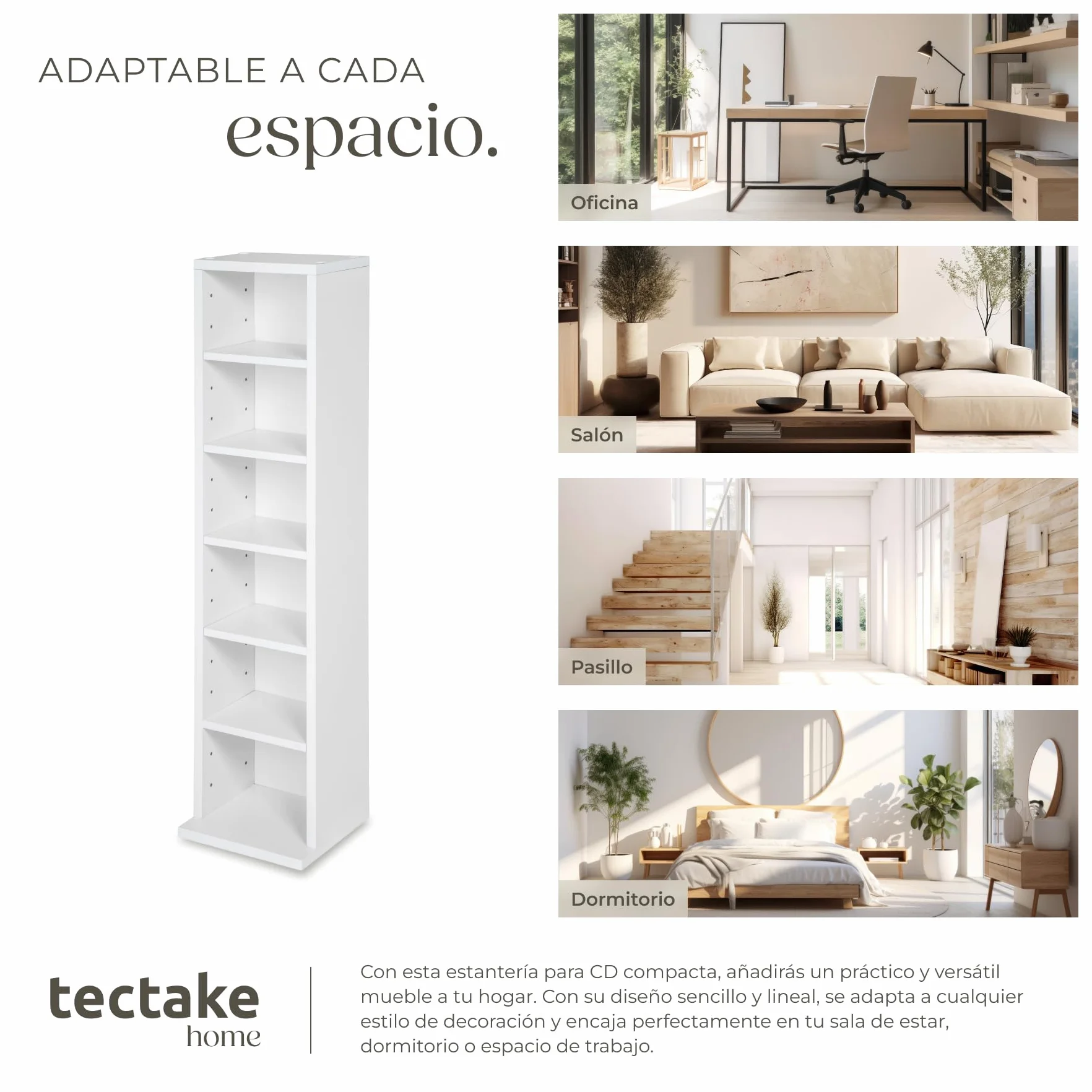 tectake® Estantería de Pared, Efecto Madera, 6 Compartimentos, Estantes Ajustables en Altura, para 102 CDs, Fácil de Montar, Almacenamiento, Decoración Habitación, Muebles Salón, Librería - Blanco