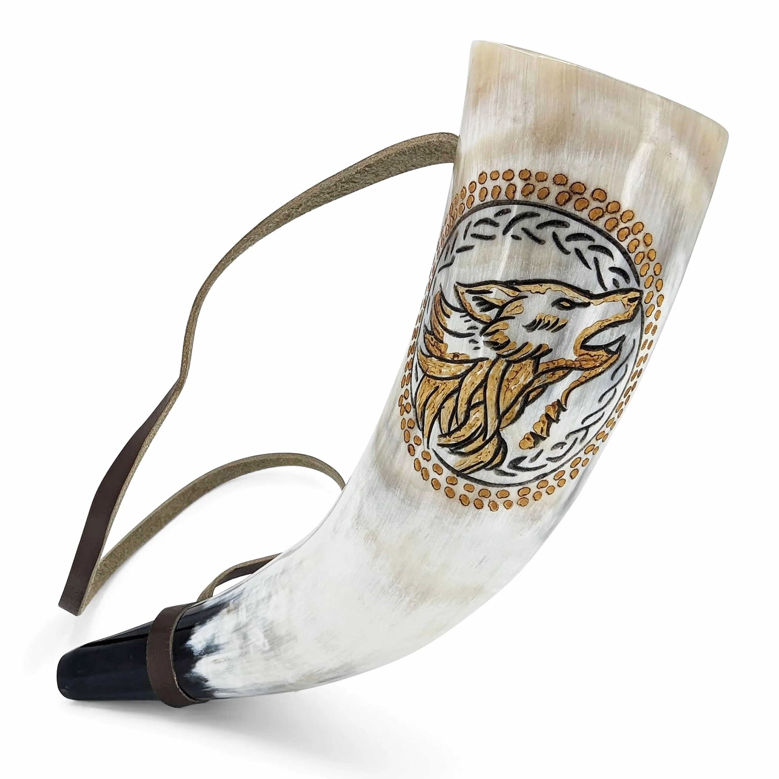 Norse Tradesman Cuerno de guerra vikingo – Trompeta de batalla de cuerno de soplado de 12 pulgadas hecha de auténtico cuerno de buey premium – Grabado a mano con lobos nórdicos – Una pieza de historia