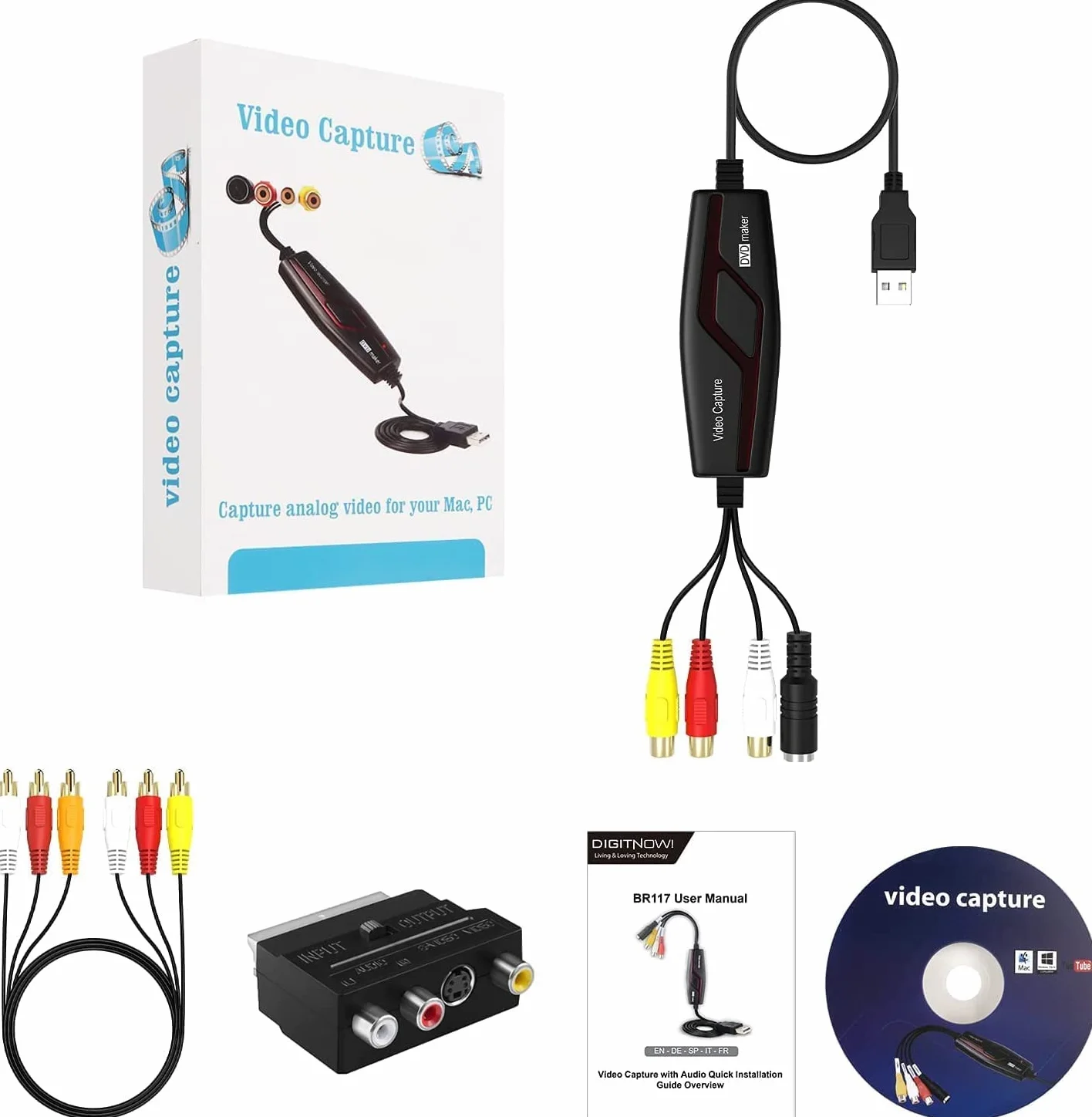 DIGITNOW!Convertidor de Captura de Vídeo USB,Hi8 VHS a DVD Digital Grabber Grabador ,Capturadora de Audio Vídeo para Mac Windows,Digitalizadora y Edite con Adaptador Scart/AV