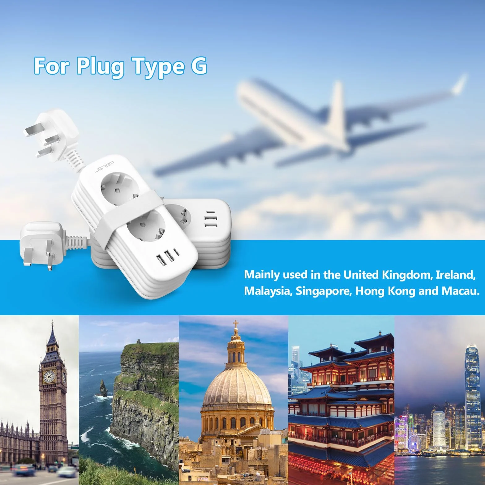JSVER Adaptador Enchufe UK, Compacto Enchufe de Viaje con 1,5m Cable,Adaptador de Viaje Español a UK Tipo G con USB C para EU a Irlanda, Malasia, Singapur, Hong Kong, Macao-Blanco