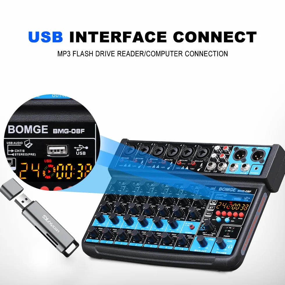 BOMGE Mini mezclador de audio de 8 canales, CC 5 V, con reproductor de MP3, Bluetooth, U disco 48 V, efectos 24DSP, grabación USB, ideal para clubes pequeños o bares, grabación de estudio (8 canales