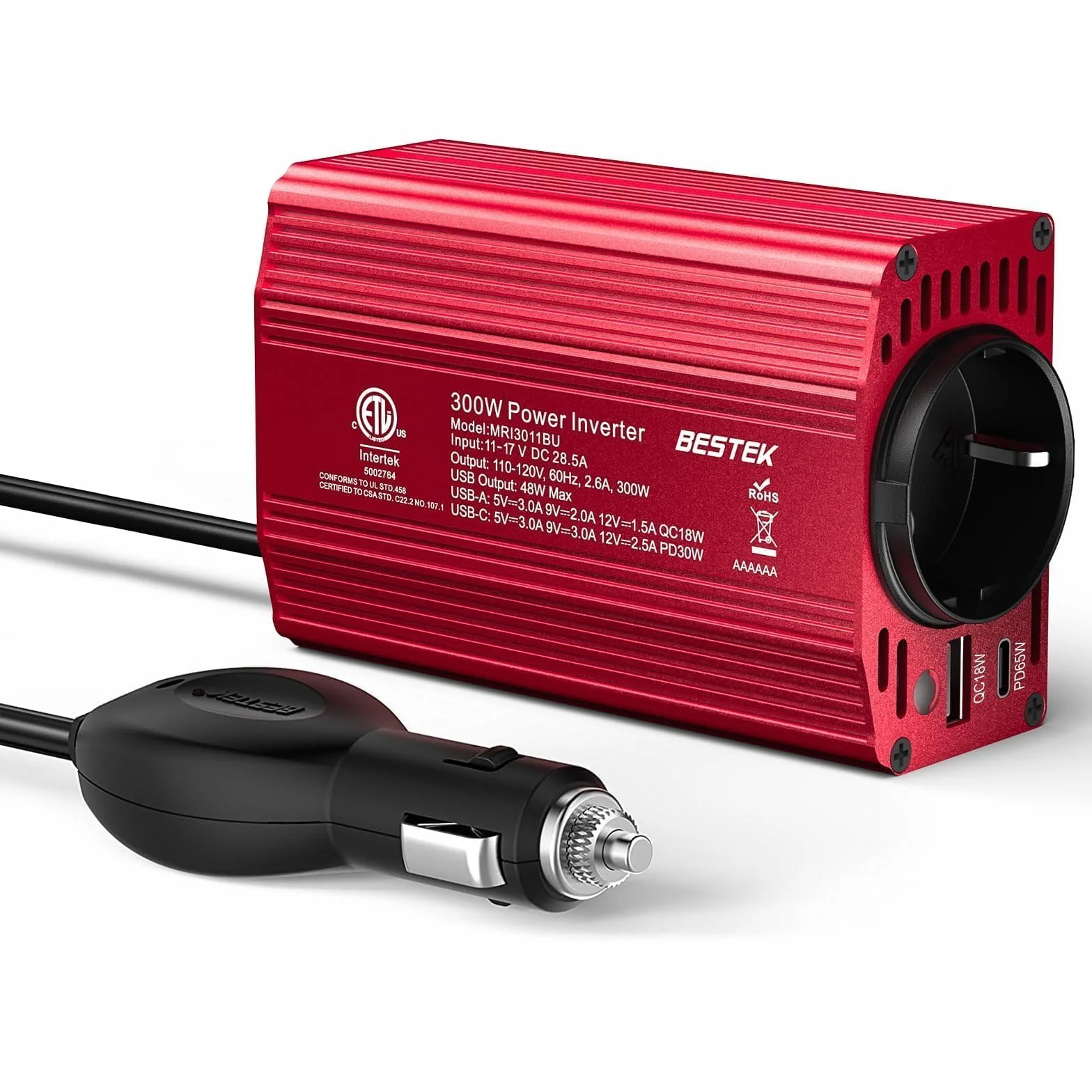 BESTEK Inversor 12v 220v 300W,Transformador 12V a 220V Convertidor Onda con 2 AC Tomas Y 2 USB-C (65 W y 30 W) 2 USB-QC (18 W) sinusoidal con Protección para Barco,Caravana,Coche