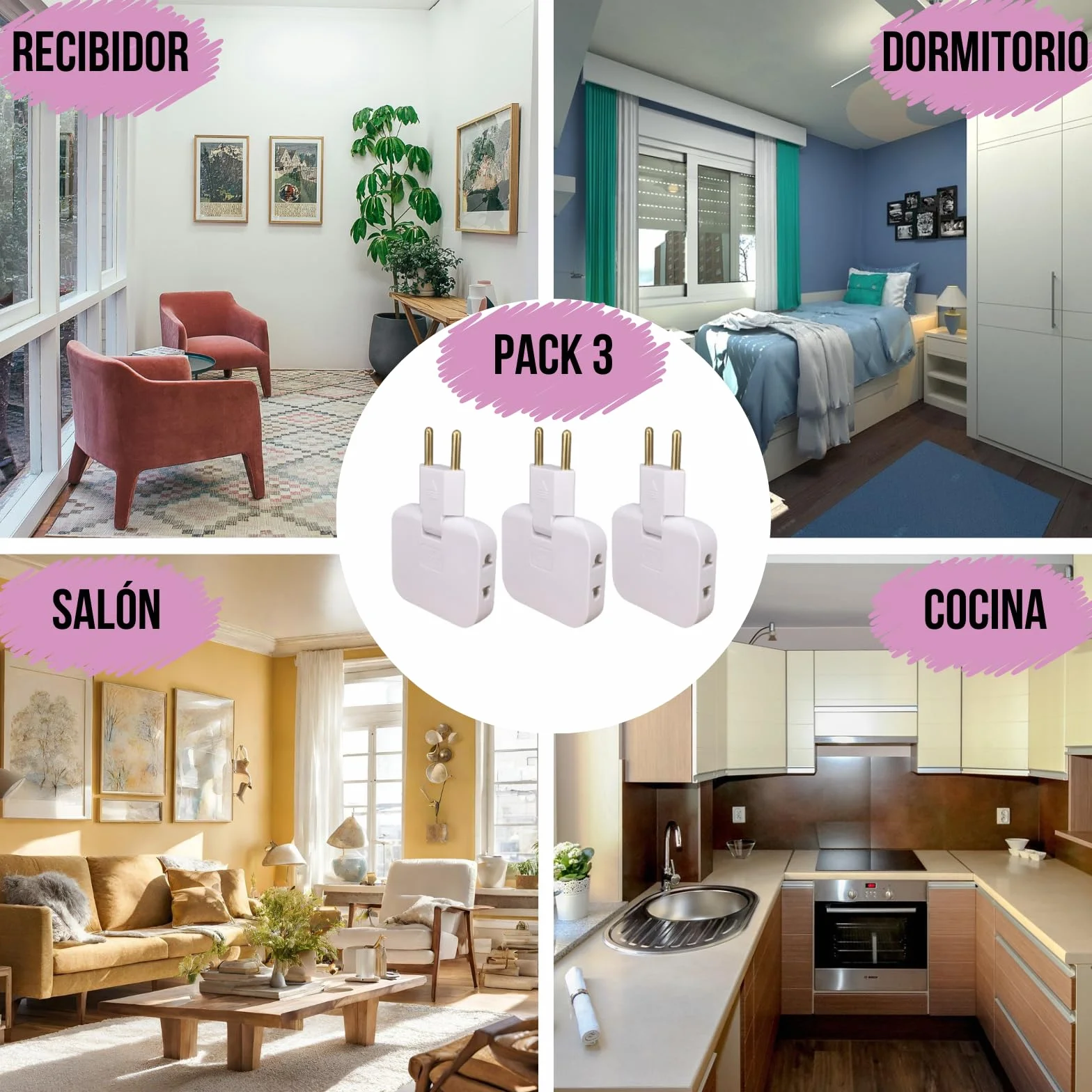 Pack 3 Ladrón Enchufe Plano múltiple de Pared de 3 Tomas con Cabezal Giratorio 180º. Regleta Enchufe Adaptador Europeo y Americano.