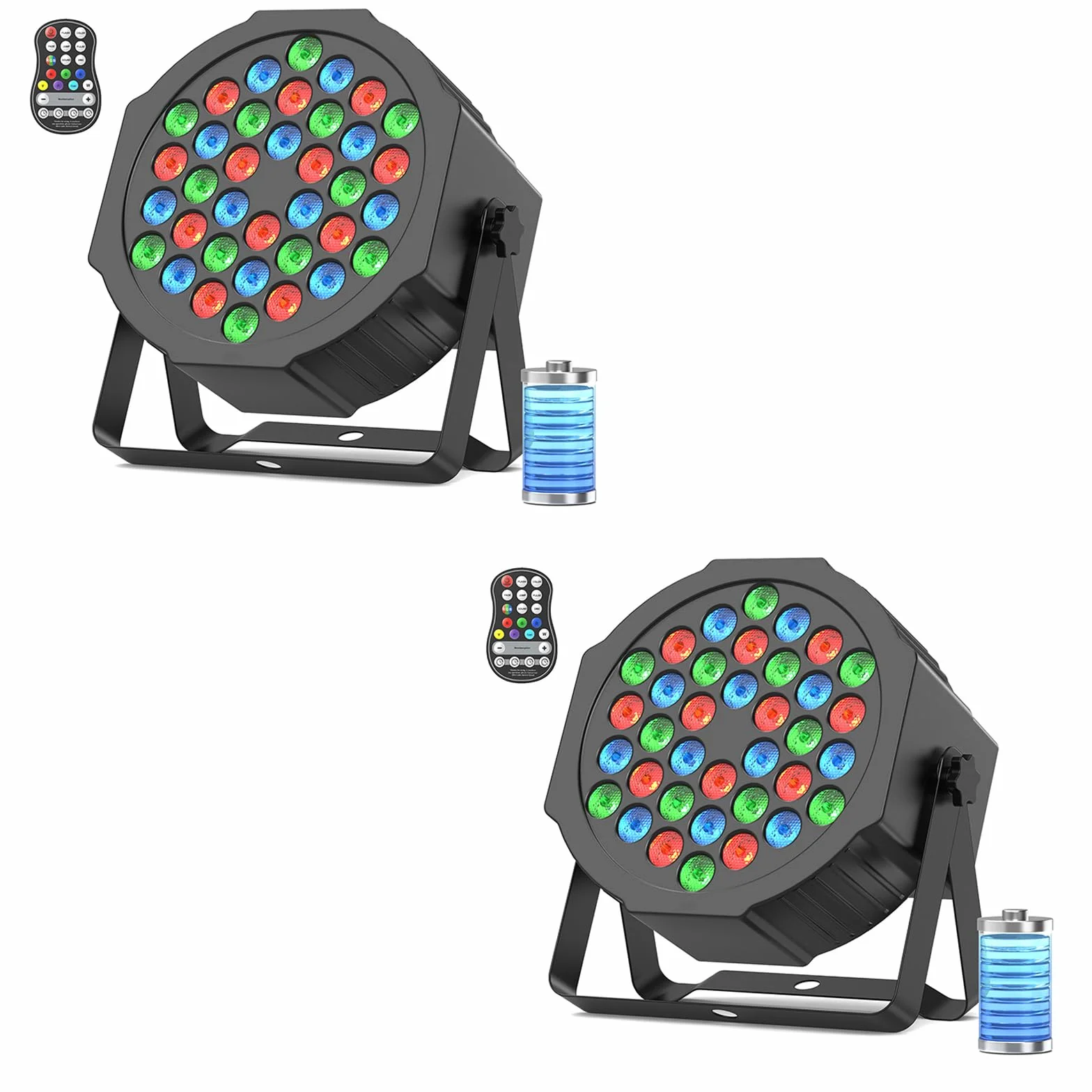Foco LED con Batería 36 LED, 2PCS Luz RGB Recargable y Temporizada Escenario de Fiesta con Batería de 5000 mAh, Remoto 7CH Maestro-Esclavo Auto para Festival Escenario Iluminación Al Aire