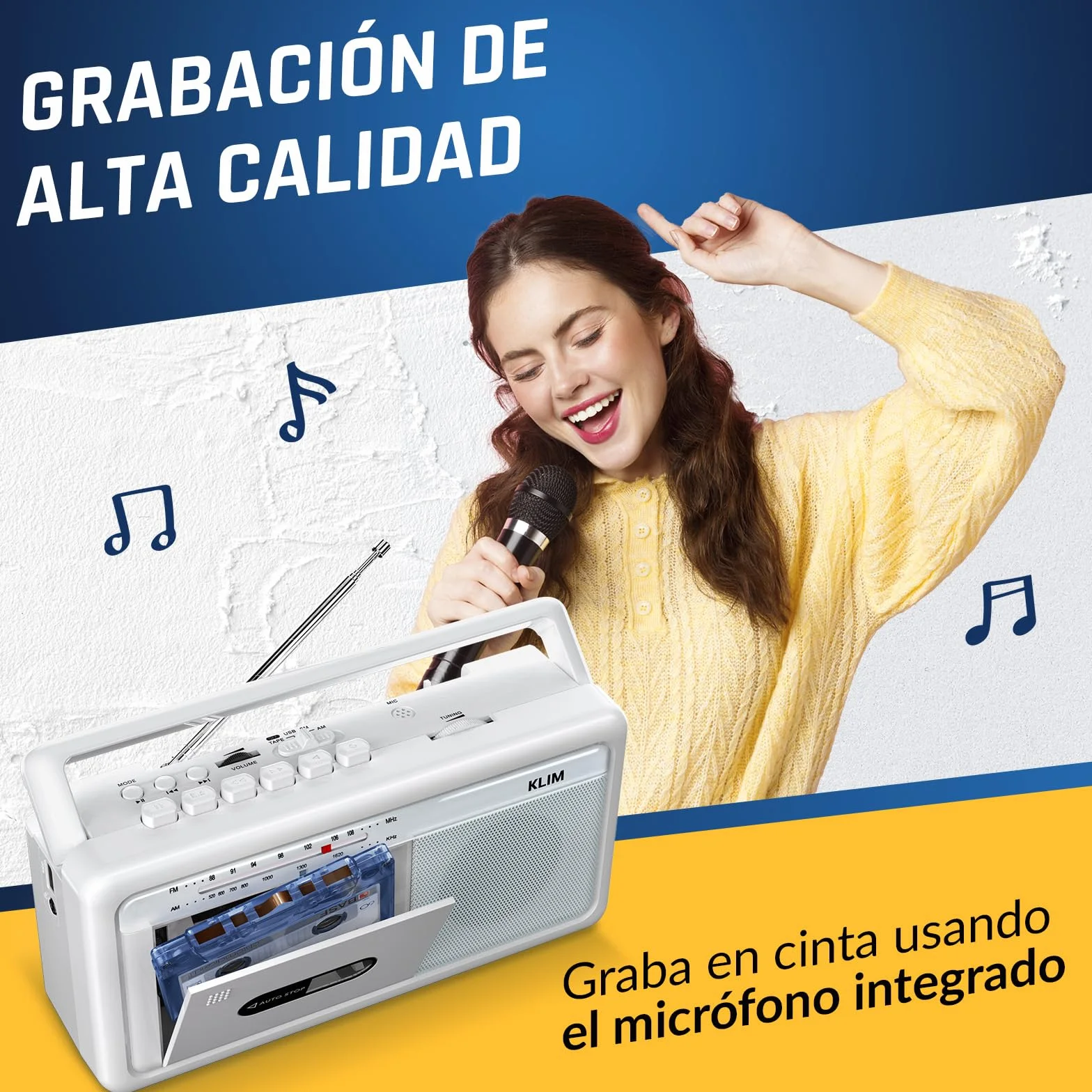 KLIM Boombox Cassette Player AM/FM Radio Bluetooth USB Retro Portable - White Frost