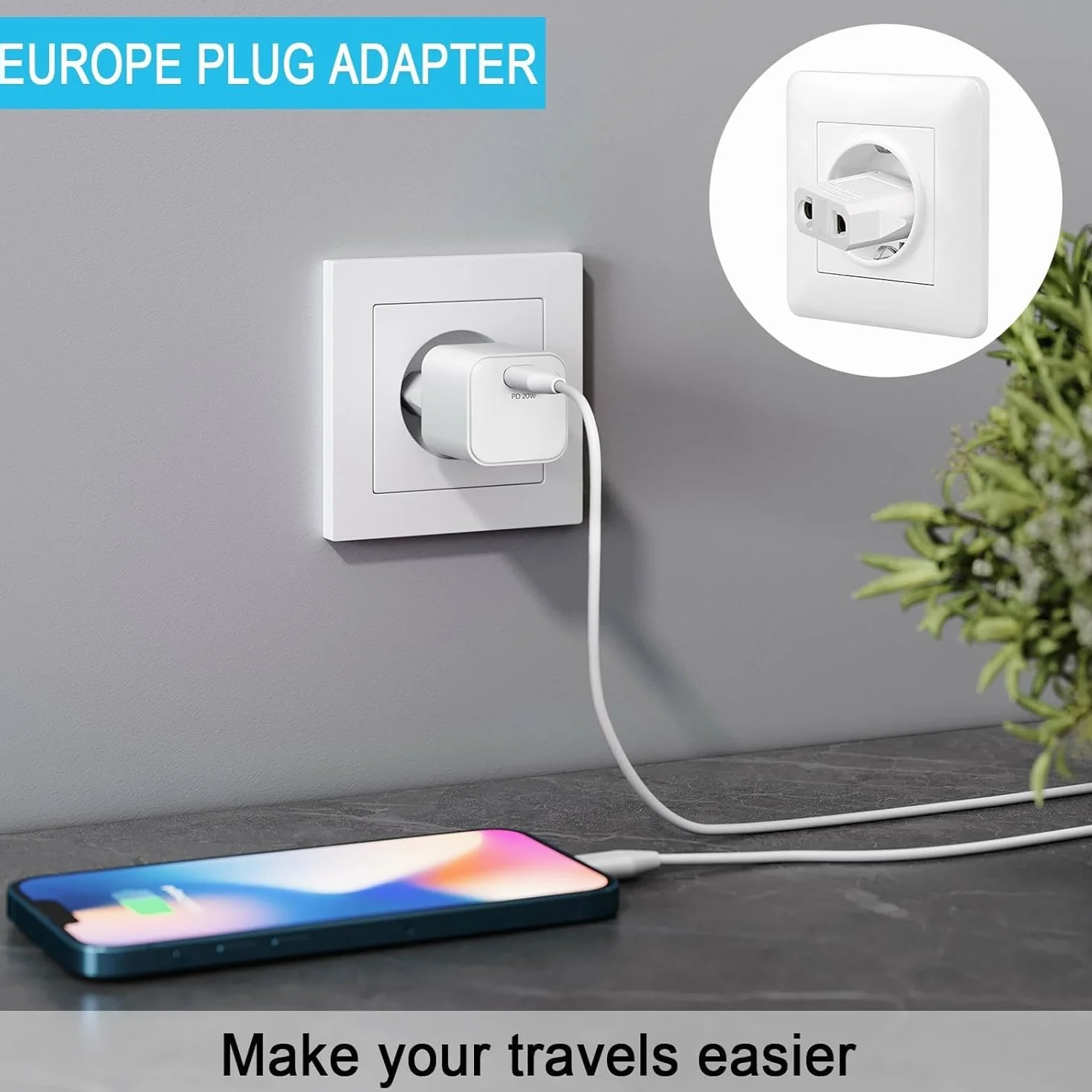 TECHZOCO Adaptador de Enchufe de EEUU a Enchufe Europeo, Adaptador de Corriente Americano a Europeo, Enchufe Viaje, 125~250 V/6 A, Potencia máxima a 250 V: 1500W, Blanco, 4 Unidades