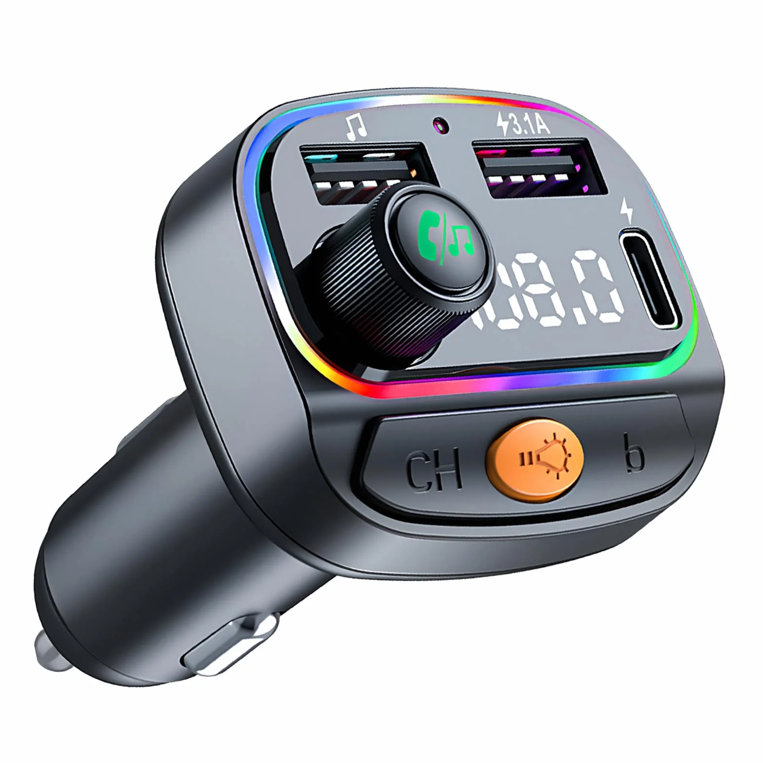 Transmisor FM Bluetooth Coche, Adaptador Bluetooth Radio Coche, Manos Libres, Radio Inalámbrica 5.0, Reproductor MP3, Soporte de Graves Hi-Fi, con luz Ambiental